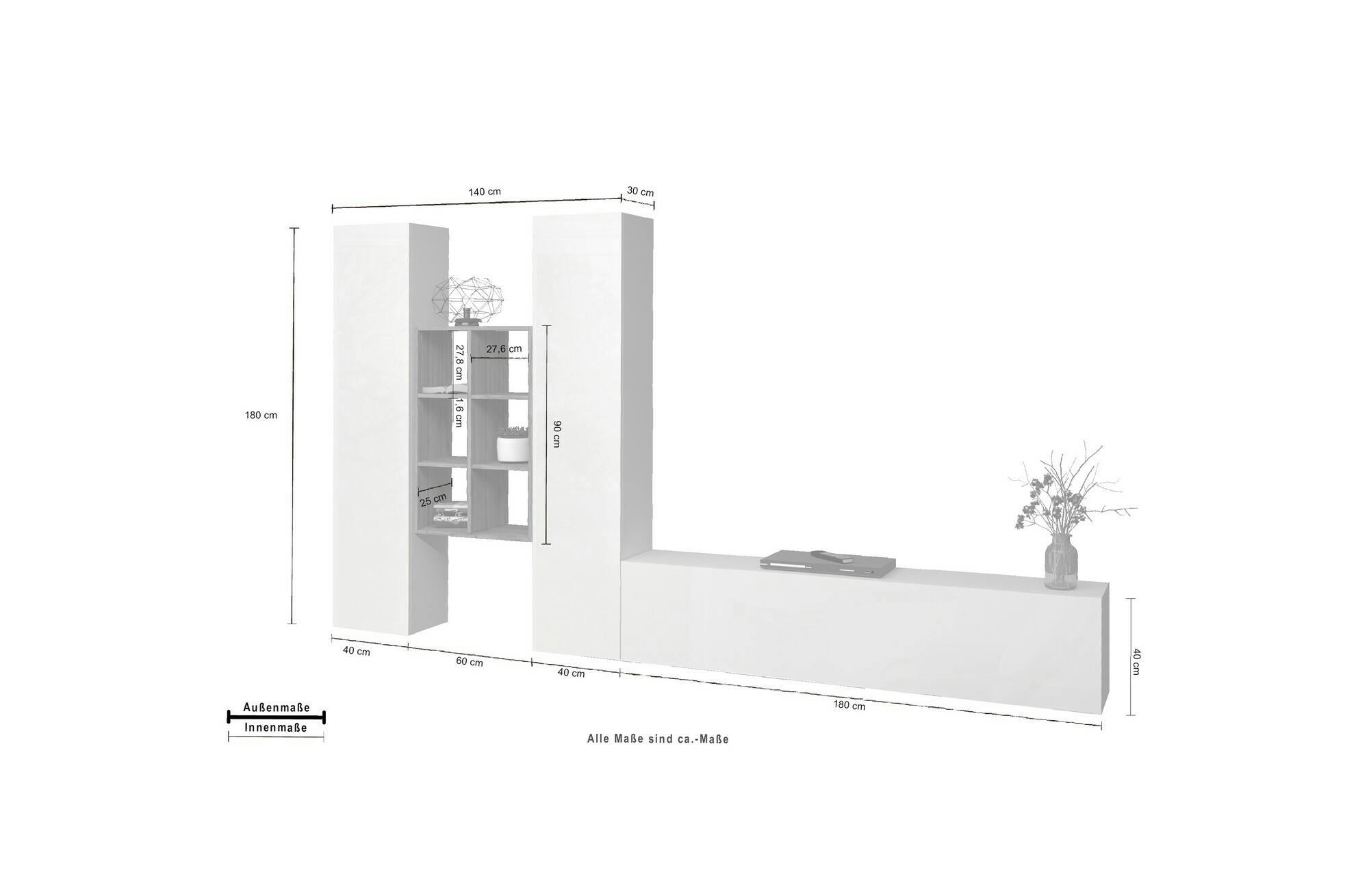 Dmora Parete attrezzata Emiliano, Set salotto porta TV a 3 ante, Mobile  soggiorno multiuso, 100% Made in Italy, cm 320x30h180, Bianco lucido e  Acero