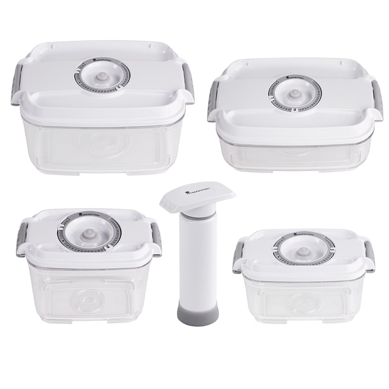 Masterpro Set 4 contenitori sottovuoto in CET trasparente + pompa manuale,  conservazione alimenti, congelatore e microonde, BPA Free, made in EU