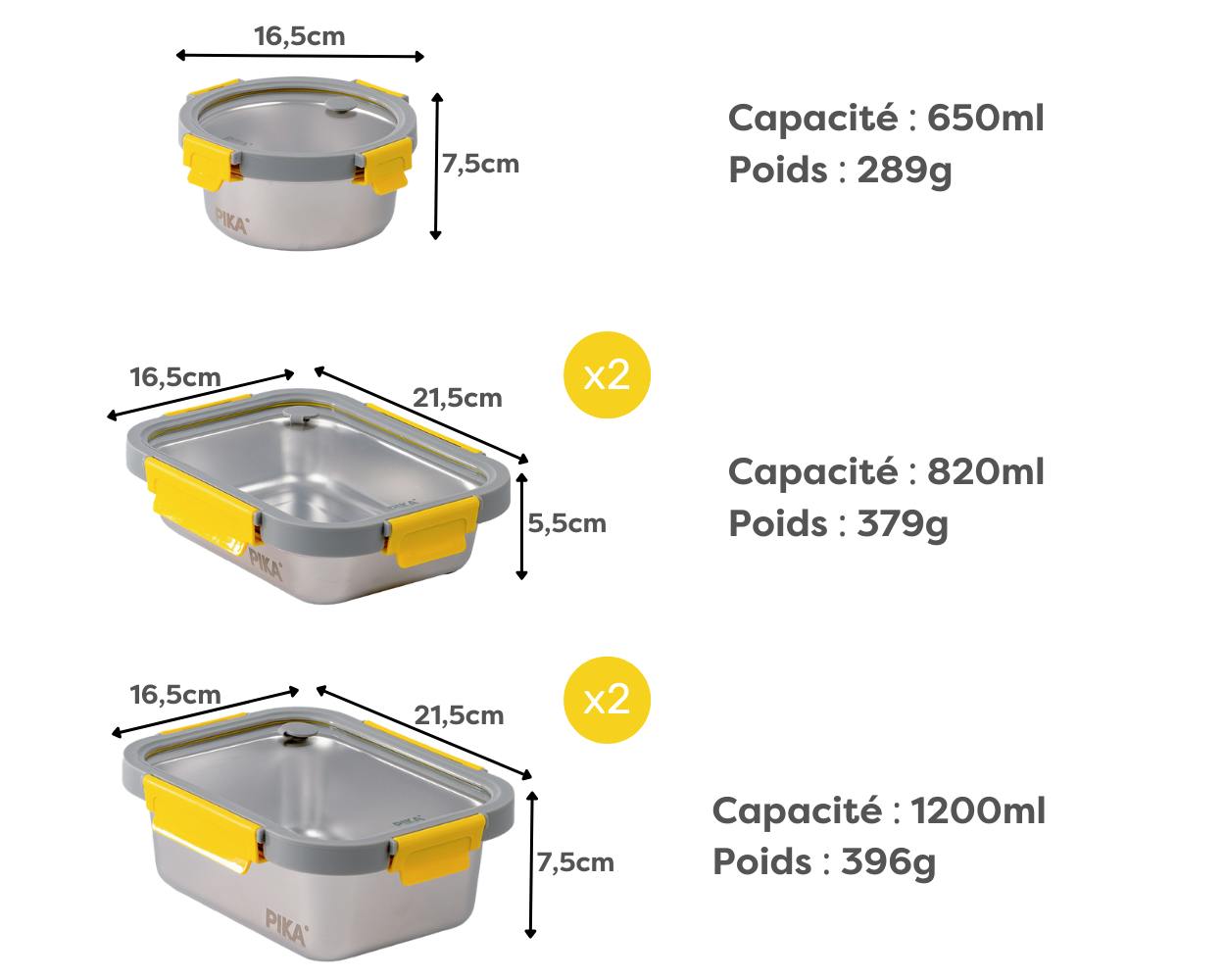 Lot de 7 boites alimentaires inox : 260, 820 & 1200ml - PIKA