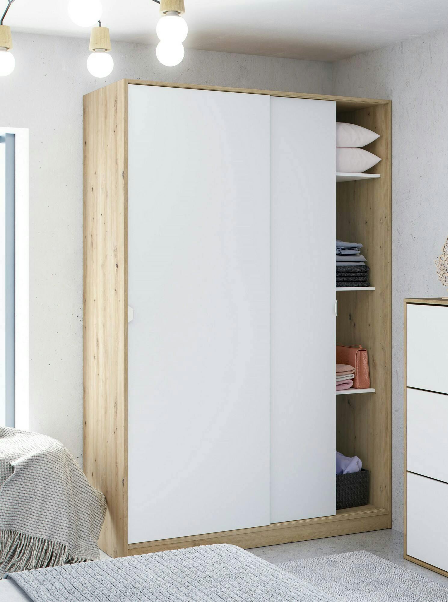 Dmora Guardaroba Waterbury, Armadio per camera da letto a 2 ante scorrevoli,  120x50h200 cm, Bianco e Rovere Nodi