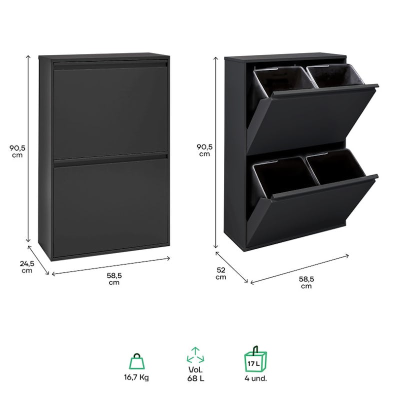 ARREGUI Basic CR202-B Cubo de basura y reciclaje de acero de 2 cubos,  mueble de reciclaje, 2 x 17 L (34 L), gris claro