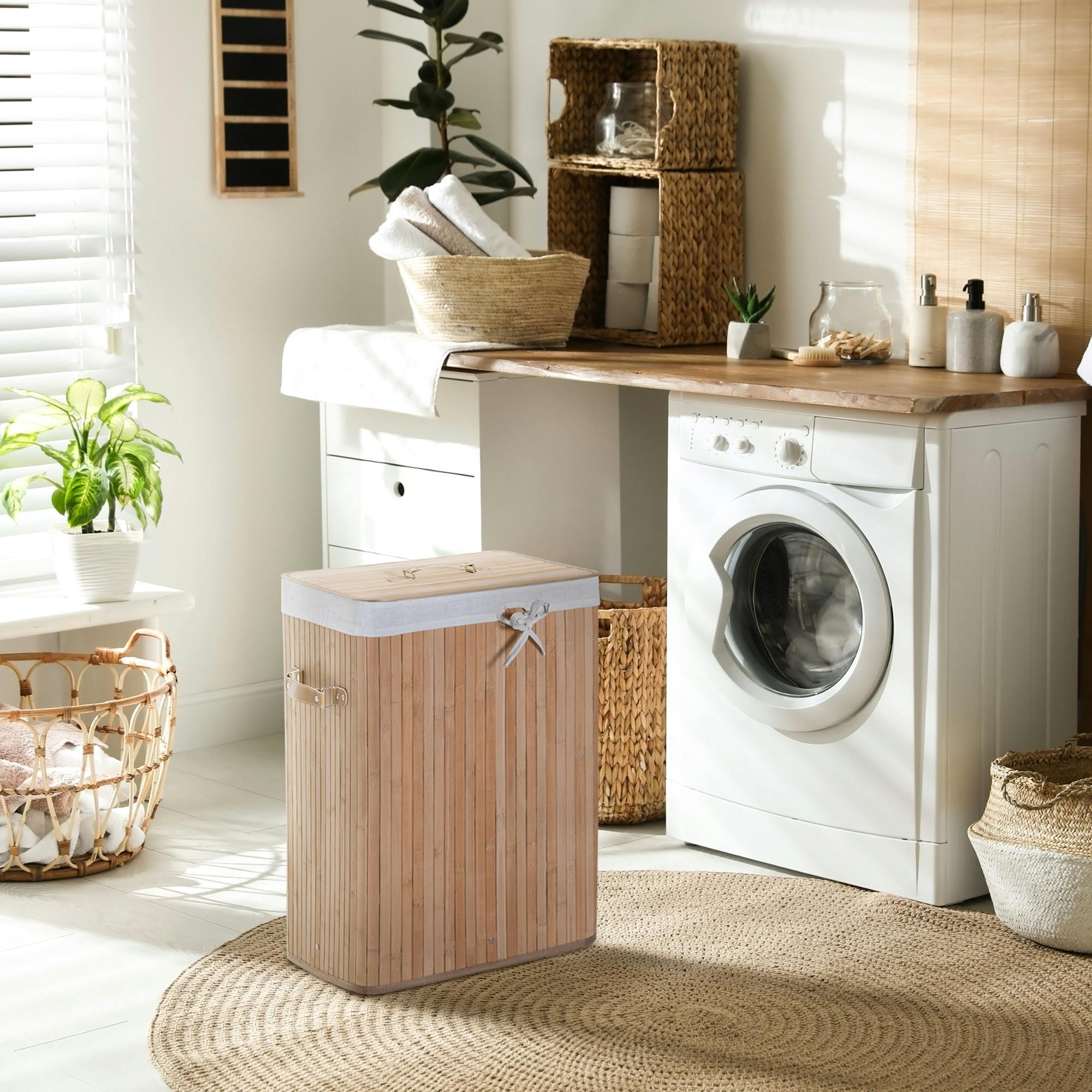 Solty - Cesto Ropa Sucia Con Tapa De Bambu - Cubo Colada Lavanderia Con Asa Plegable - Cubo Ropa Natural, Con Asas Para Dormitorio Y Hogar -60 L De