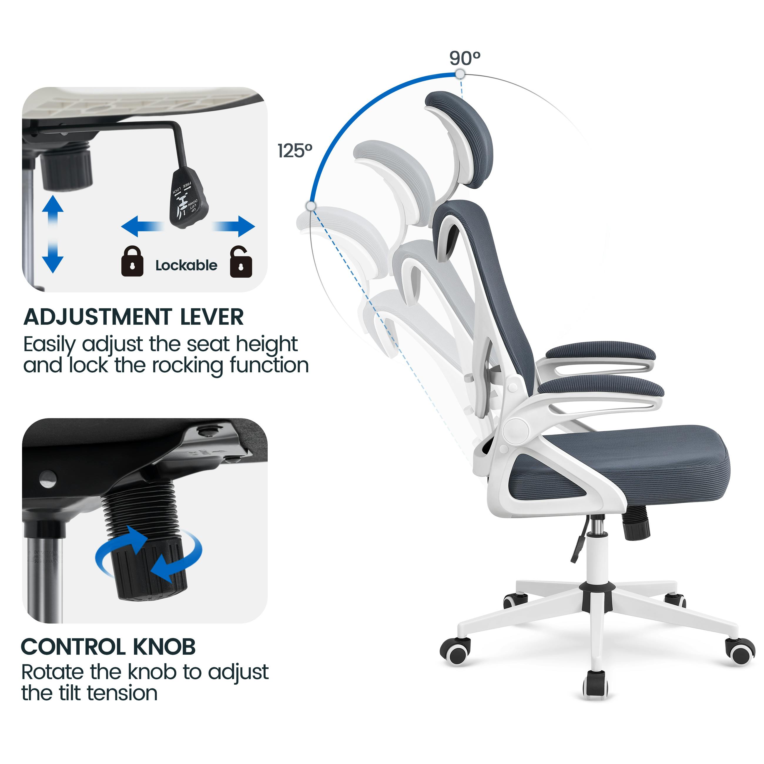 Yaheetech Bürostuhl Ergonomisch, Schreibtischstuhl mit Hochklappbaren  Armlehnen, Drehstuhl mit Rückenlehne und Verstellbarer Kopfstütze, Grau
