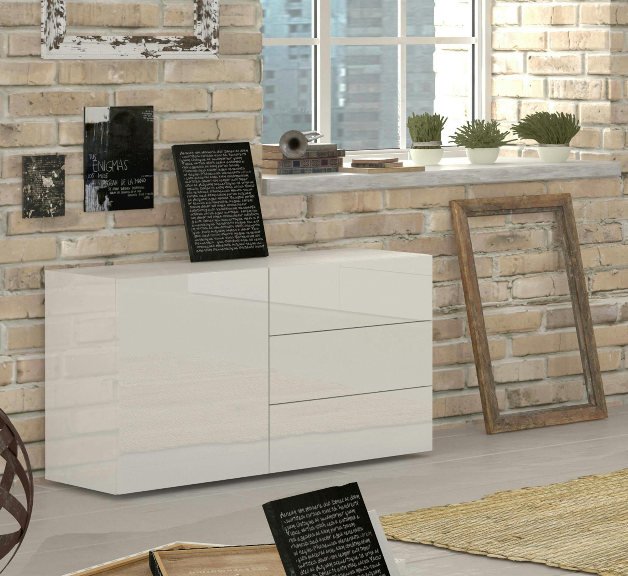 Credenza Edi, Madia da cucina a 1 anta e 6 cassetti, Buffet da soggiorno,  Madia da cucina, 100% Made in Italy, cm 170x40h47, Bianco lucido