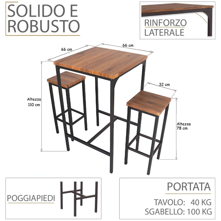Set Tavolo Bar Quadrato Alto 110 cm e Sgabelli Marrone Noce Mod
