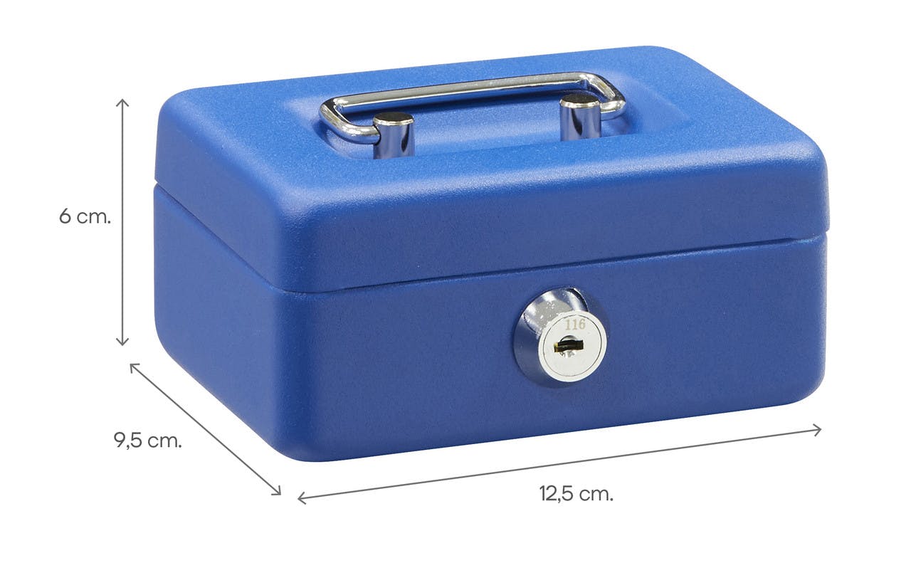 Caja de caudales de acero 20 x 16 x 9 cm. Azul con cerradura