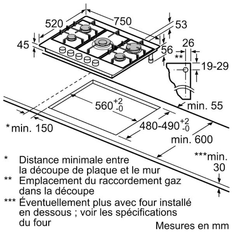 Plaque de Cuisson - Table a GAZ BOSCH - PGQ7B5B90 - - 5 zone - 10800W - 75  cm - Acier Inox