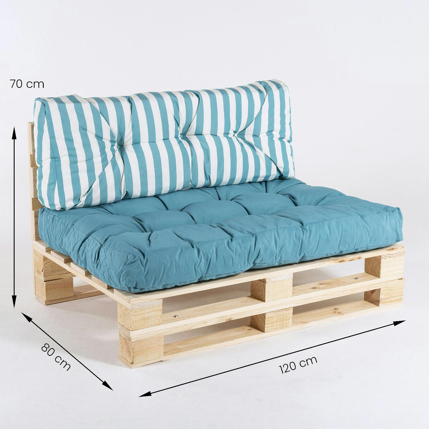 Sofá de palet + cojín de asiento 80x120x16 cm turquesa + cojín respaldo  42x120x16 cm rayas turquesa. Repelente al agua | MAKRO Marketplace