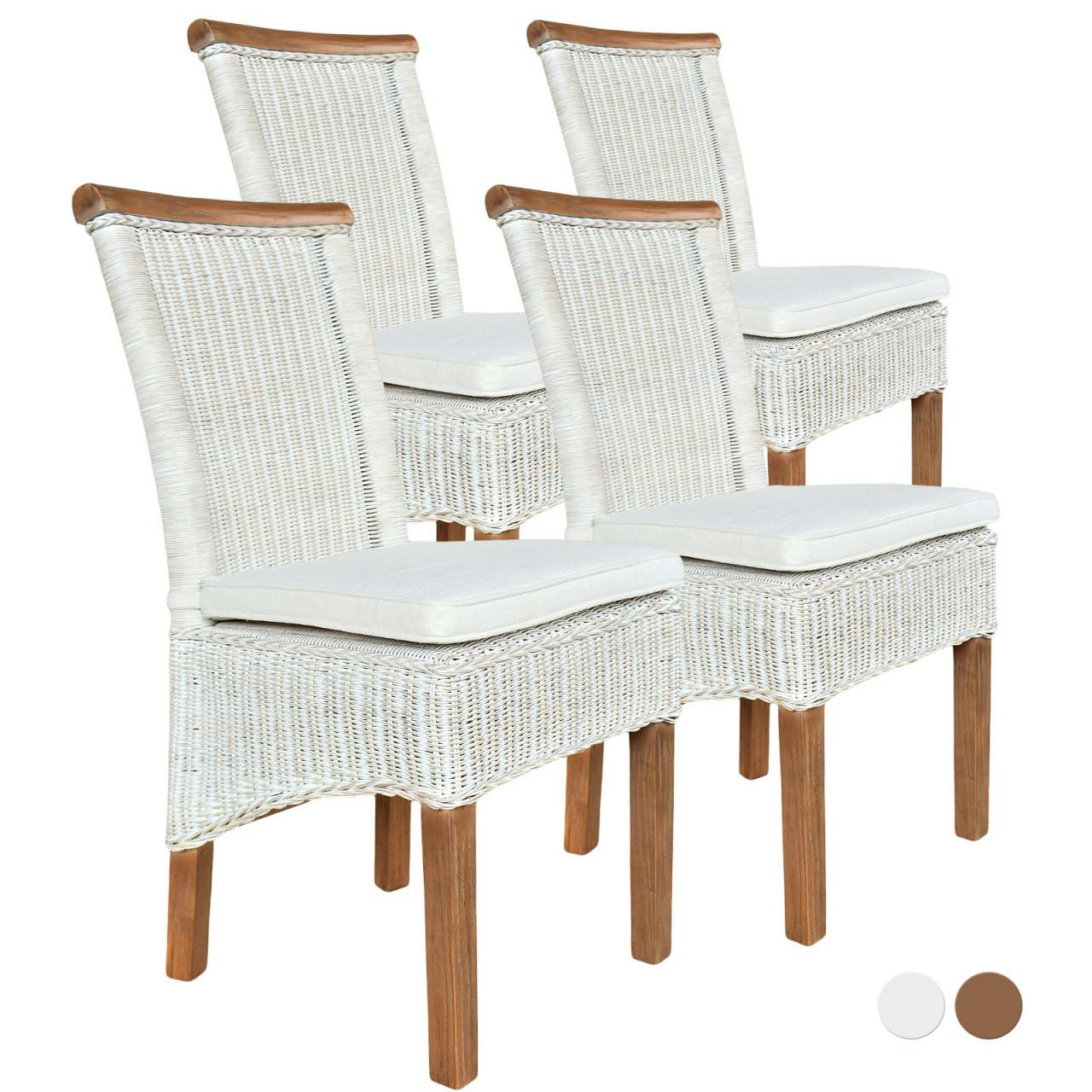 Esszimmer-Stühle Set Rattanstühle Perth 4 Stück weiß Sitzkissen Leinen
