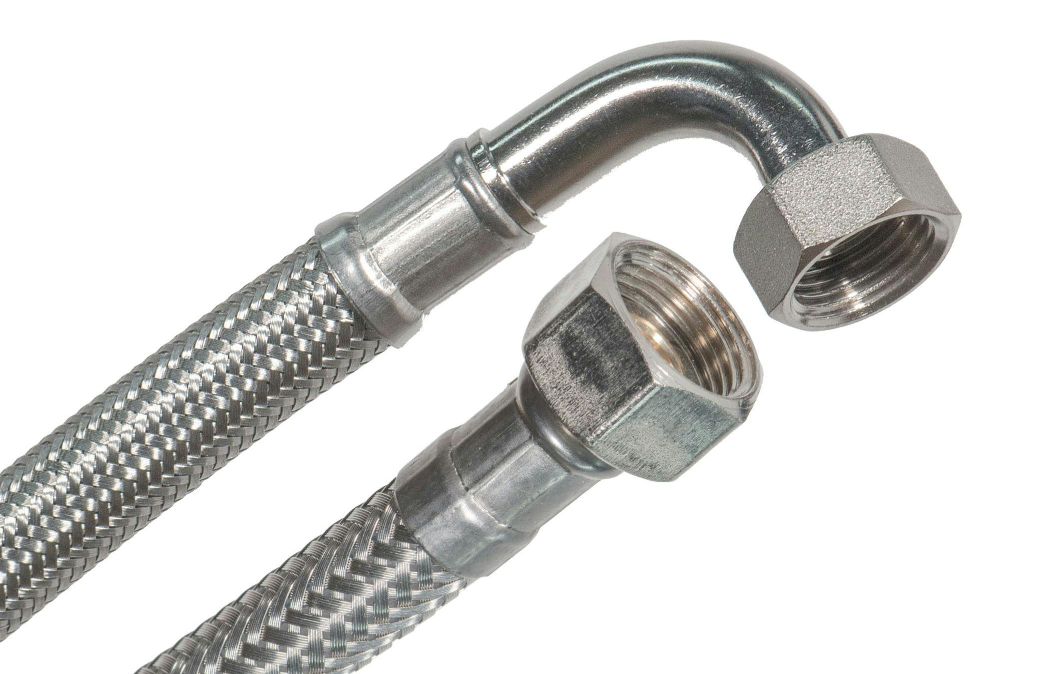 SFX® Panzerschlauch DN8 - 3/8''ÜM x 3/8''ÜM mit 90°-Bogen Edelstahl