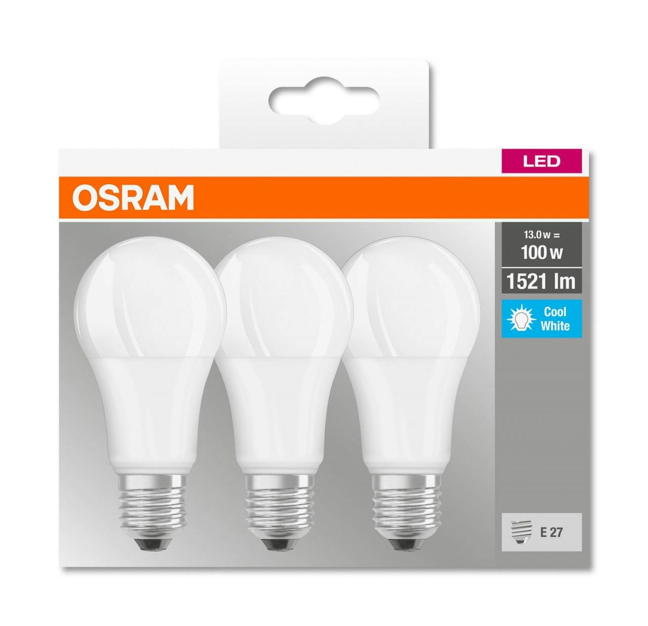 OSRAM Lampada LED Base Classic A 100 forma a goccia luce fredda attacco E27  plastica Confezione da 3 pezzi