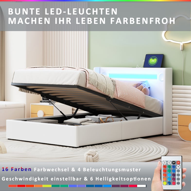 Merax Polsterbett 90x200 Bett mit LED-Lichtleiste, Bluetooth-Player und  USB-Aufladung, PU-Leder-Aufbewahrungsbett, Weiß