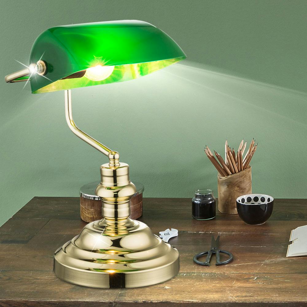 Banker LED Antik-Messing Büro Schreib Tisch Lampe Leuchte Glas grün Beleuchtung 
