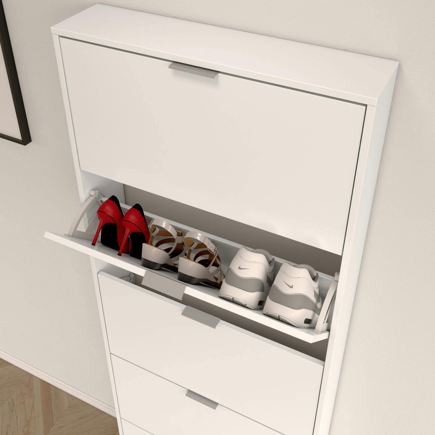 Dmora Scarpiera moderna, Made in Italy, a 2 ante e 1 anta a ribalta,  Portascarpe da ingresso, cm 120x27h108, colore Bianco lucido