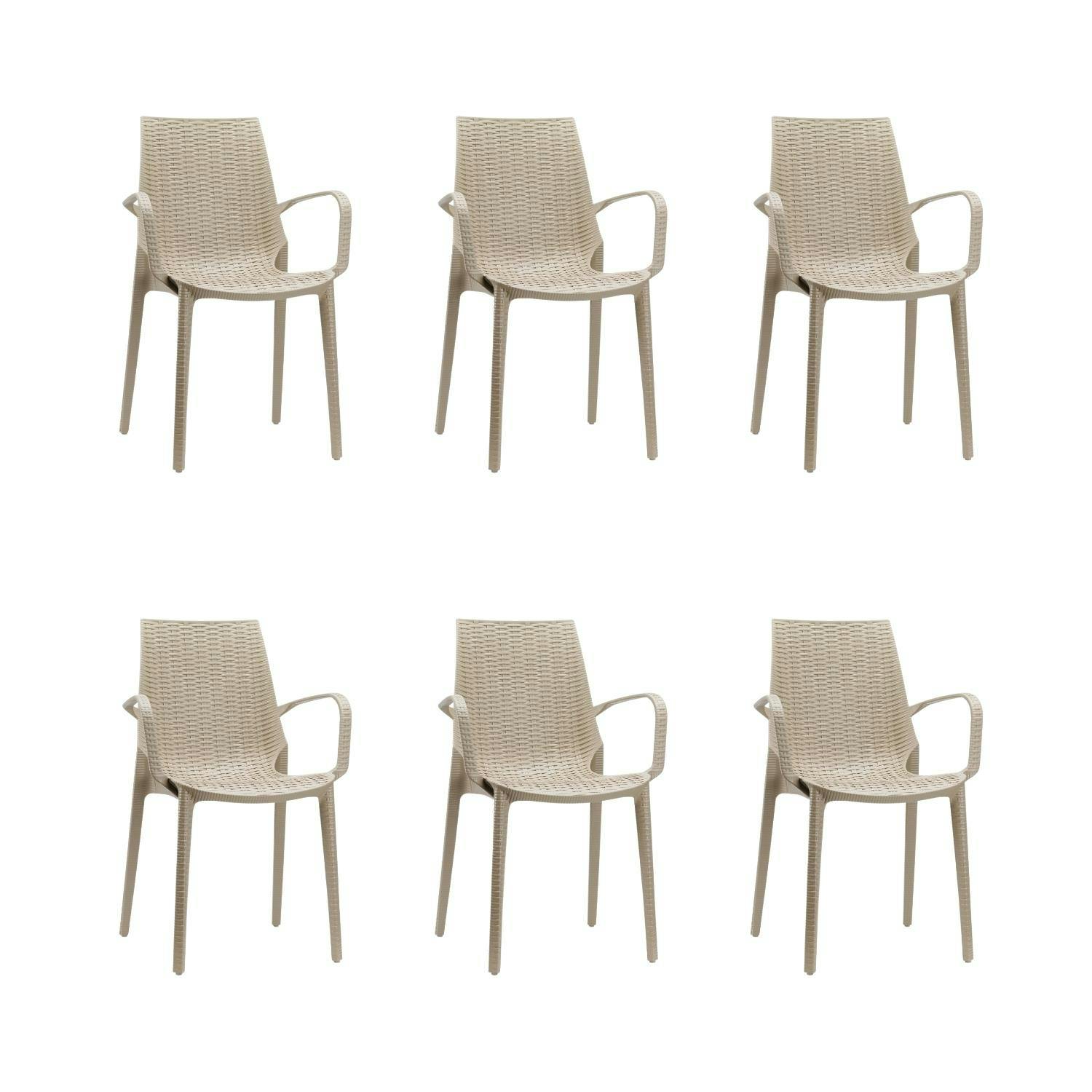 Pack 6 sillones para exterior, Apilables, Resina, Color Arena, 57x56x88