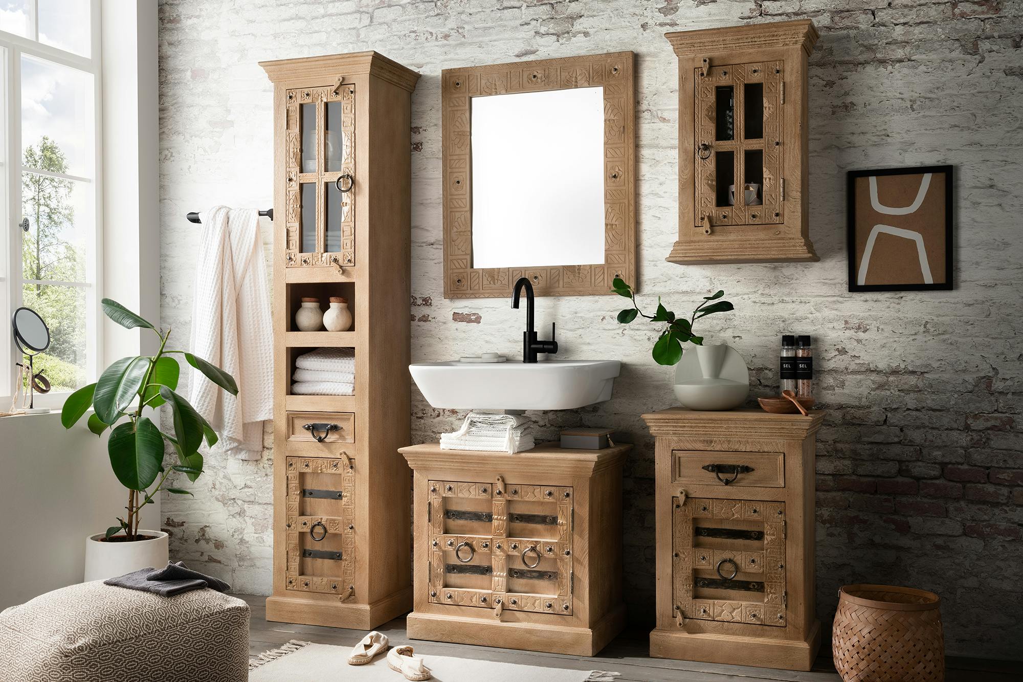 sit möbel 5-tlg. bad-set aus mangoholz natur, 1 hochschrank, 1  unterschrank, 1 spiegel, 1 kleiner schrank, 1 hängeschrank, b 44 x t 35 x h  188 cm