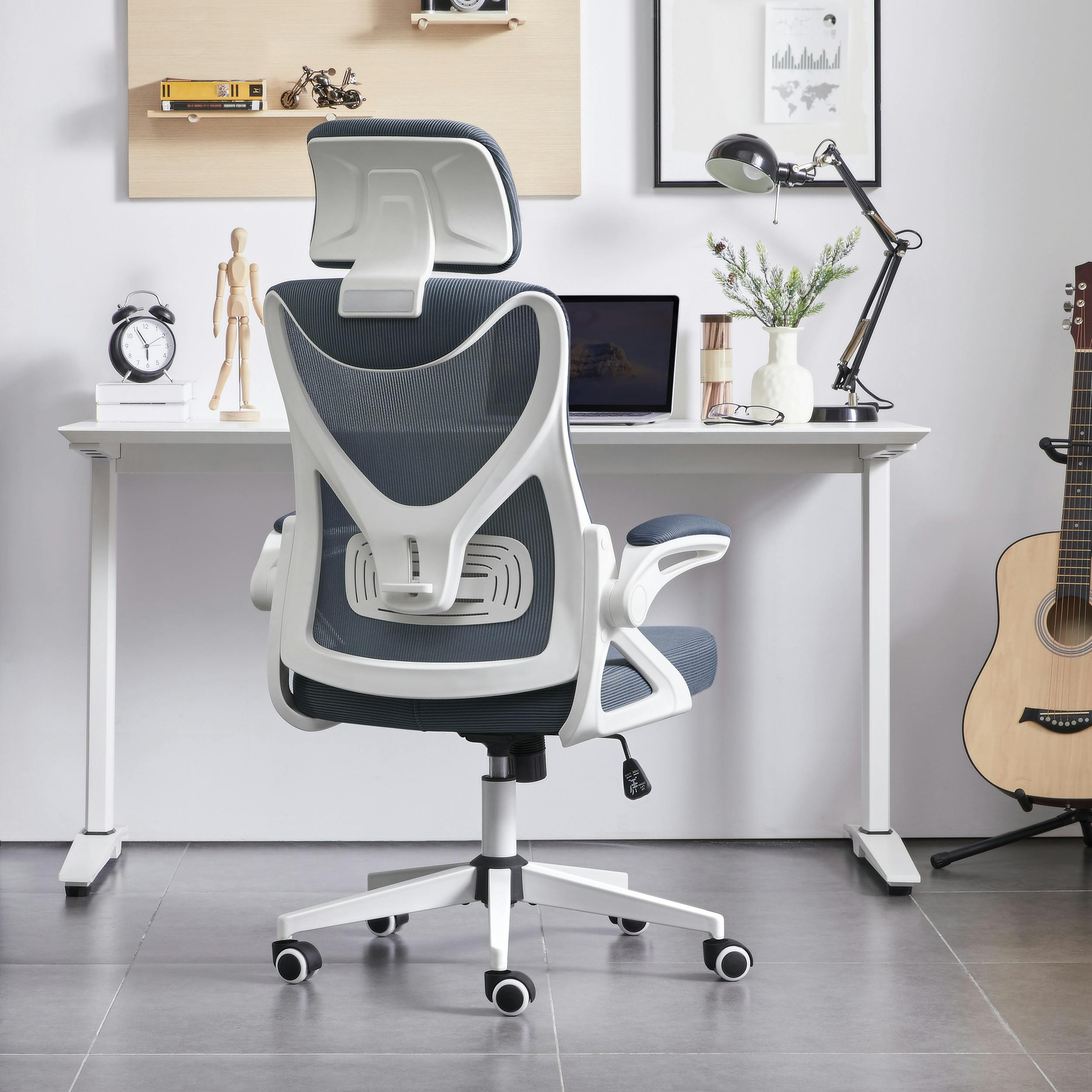 Yaheetech Bürostuhl Ergonomisch, Schreibtischstuhl mit Hochklappbaren  Armlehnen, Drehstuhl mit Rückenlehne und Verstellbarer Kopfstütze, Grau