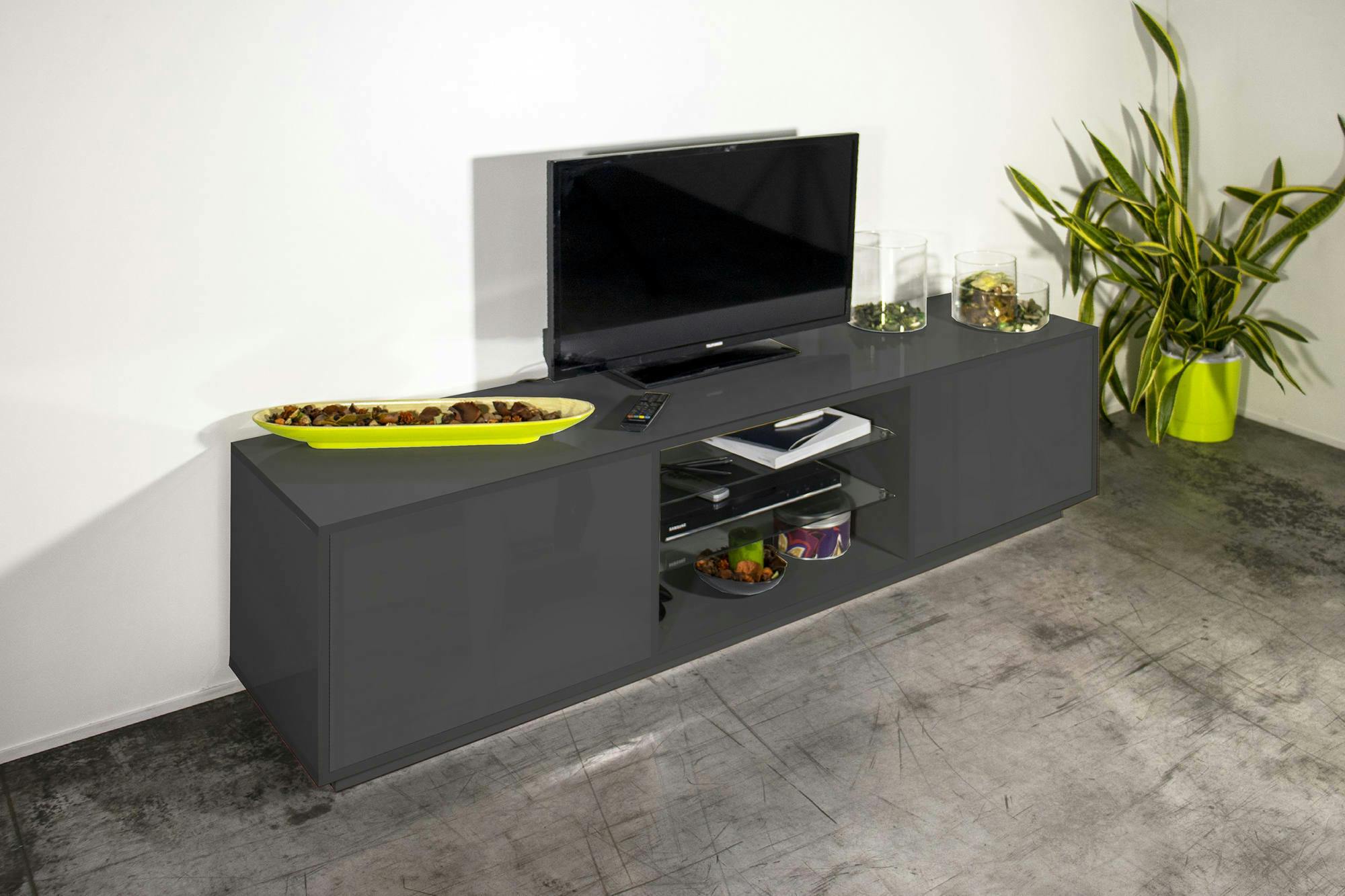 Dmora Mobile porta TV Paride, Credenza bassa da soggiorno a 2 ante, Base  porta TV, 100% Made in Italy, cm 180x41h46, Antracite lucido