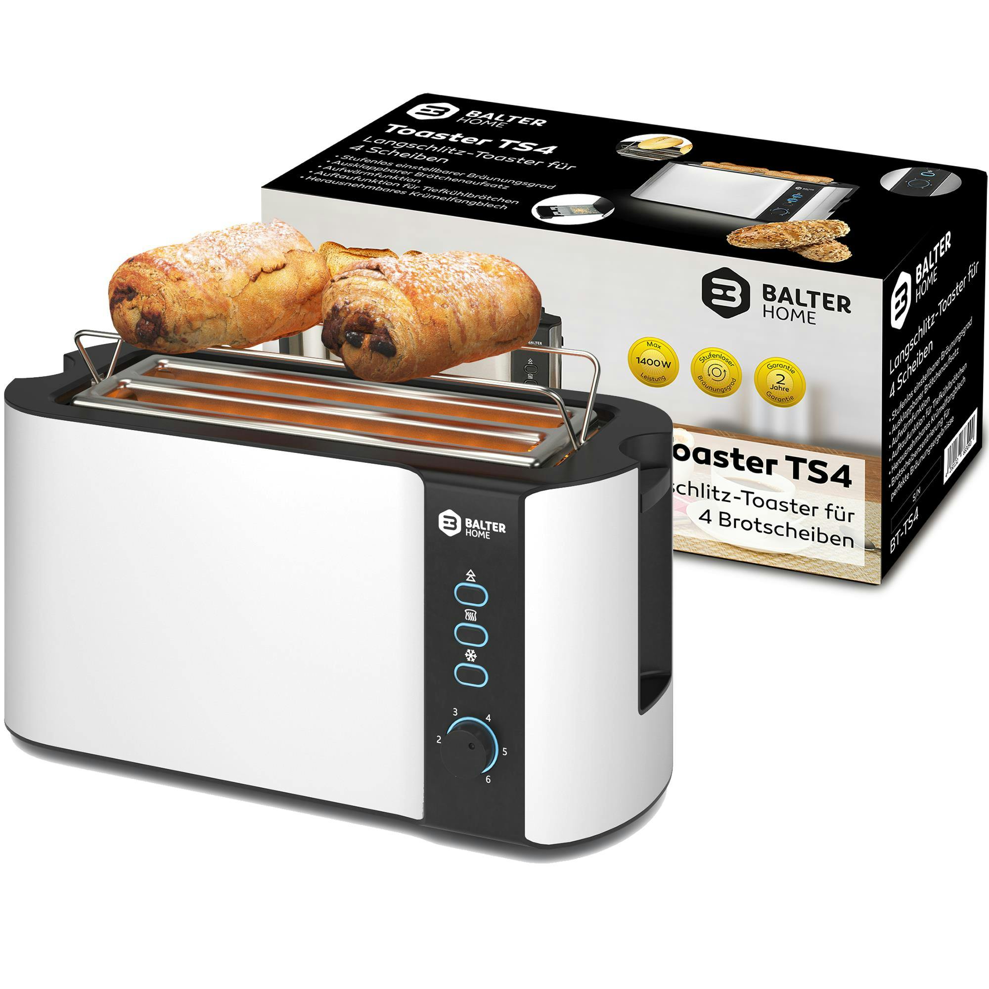 Edelstahl 4 Scheiben Toaster mit Krümelschublade Sandwich Langschlitz 1400 Watt 