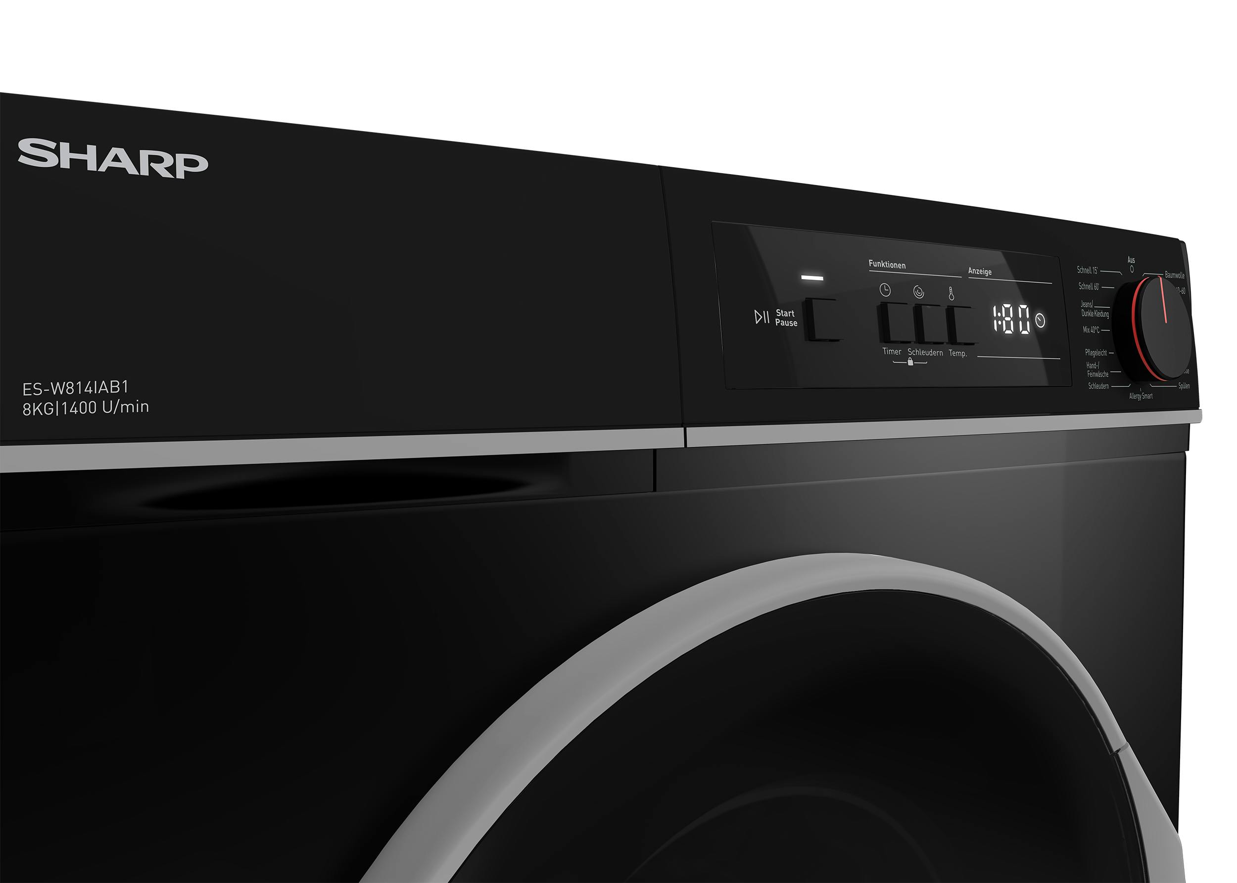 Sharp ES-W814IA1-DE Waschmaschine (8 mit Inverter U/Min) LED Überlaufschutz, Motor, und METRO | / 1400 Display Marktplatz AquaStop kg