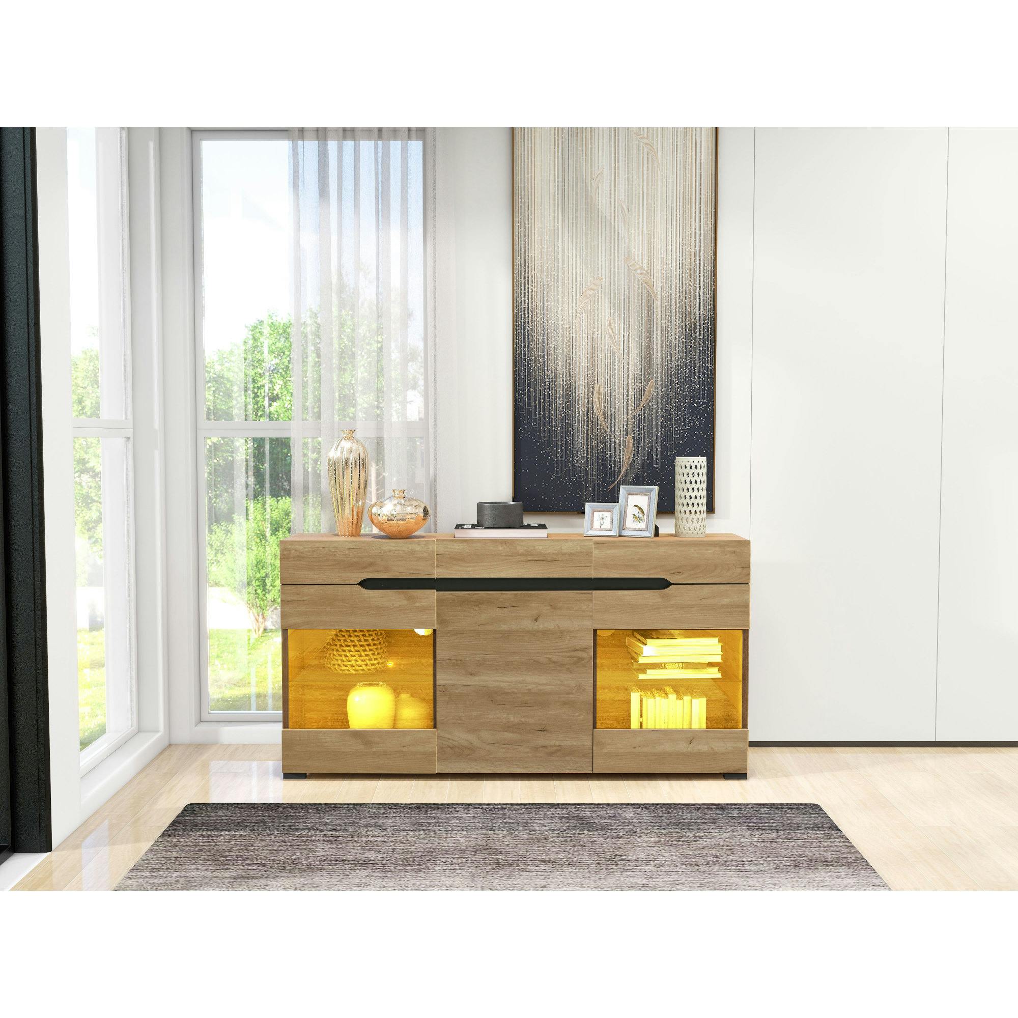 Merax Sideboard Mit LED-Vitrine - Moderner Buffetschrank 140x80x40cm Mit 3 Schubladen & App-Steuerung