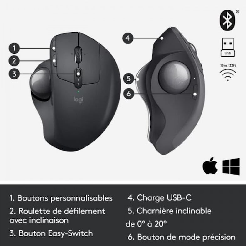 LOGITECH Souris Trackball sans fil ERGO M575 Bluetooth ergonomique
