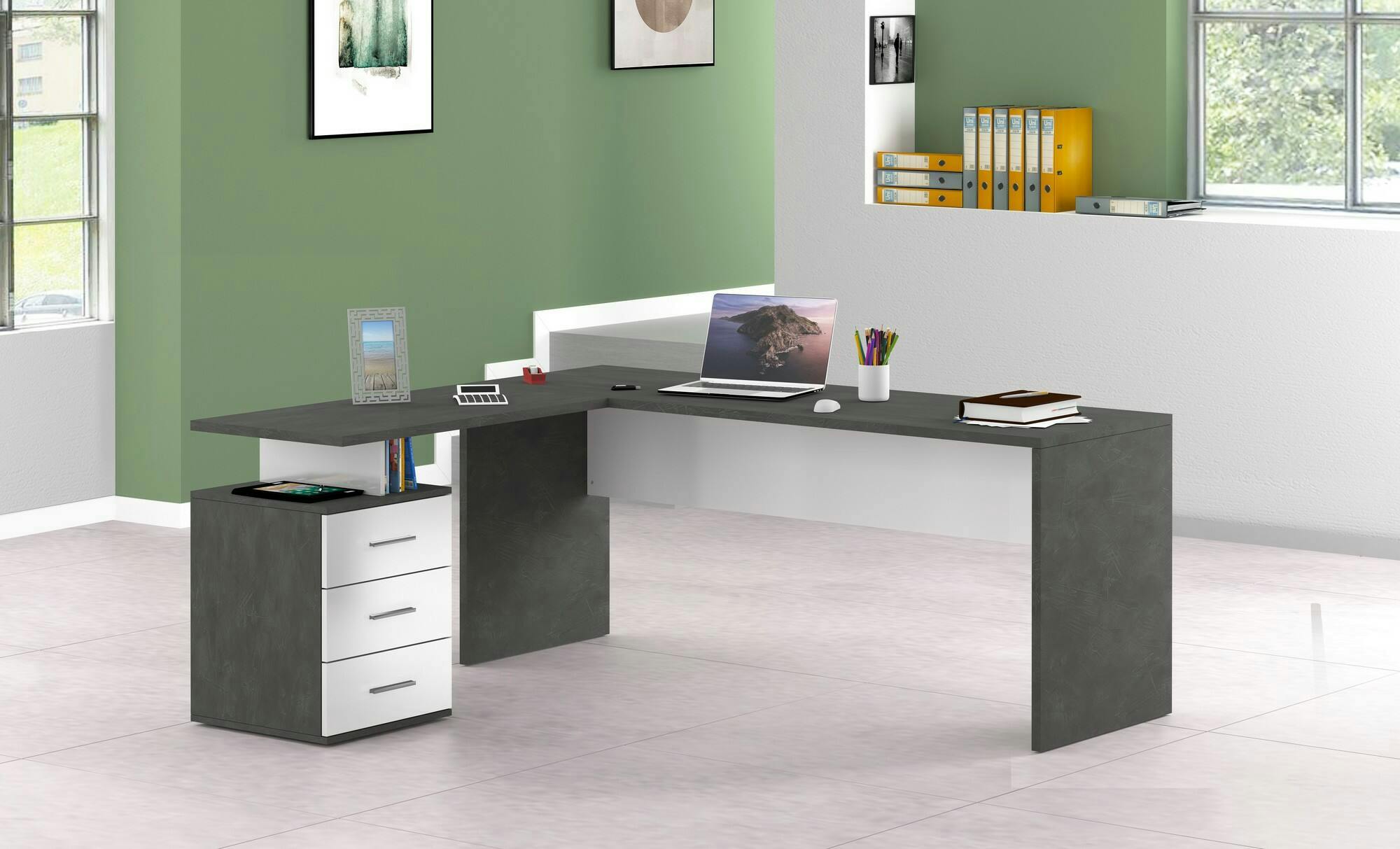 Dmora Scrivania Mark, Scrittoio angolare porta PC, Tavolo per ufficio,  Salvaspazio multiposizione, cm 160x60h75, Ardesia e Bianco lucido