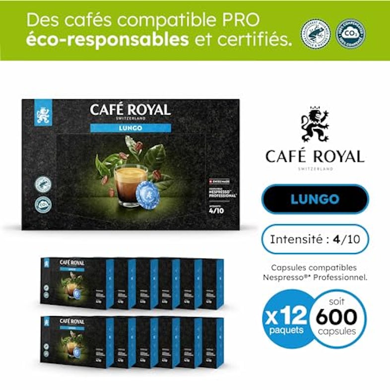 Café en Dosettes - Café Royal Pro, 12 x 50 - Compatibles avec les Machines  à café Nespresso®* Professional - Saveur Lungo Forte BIO