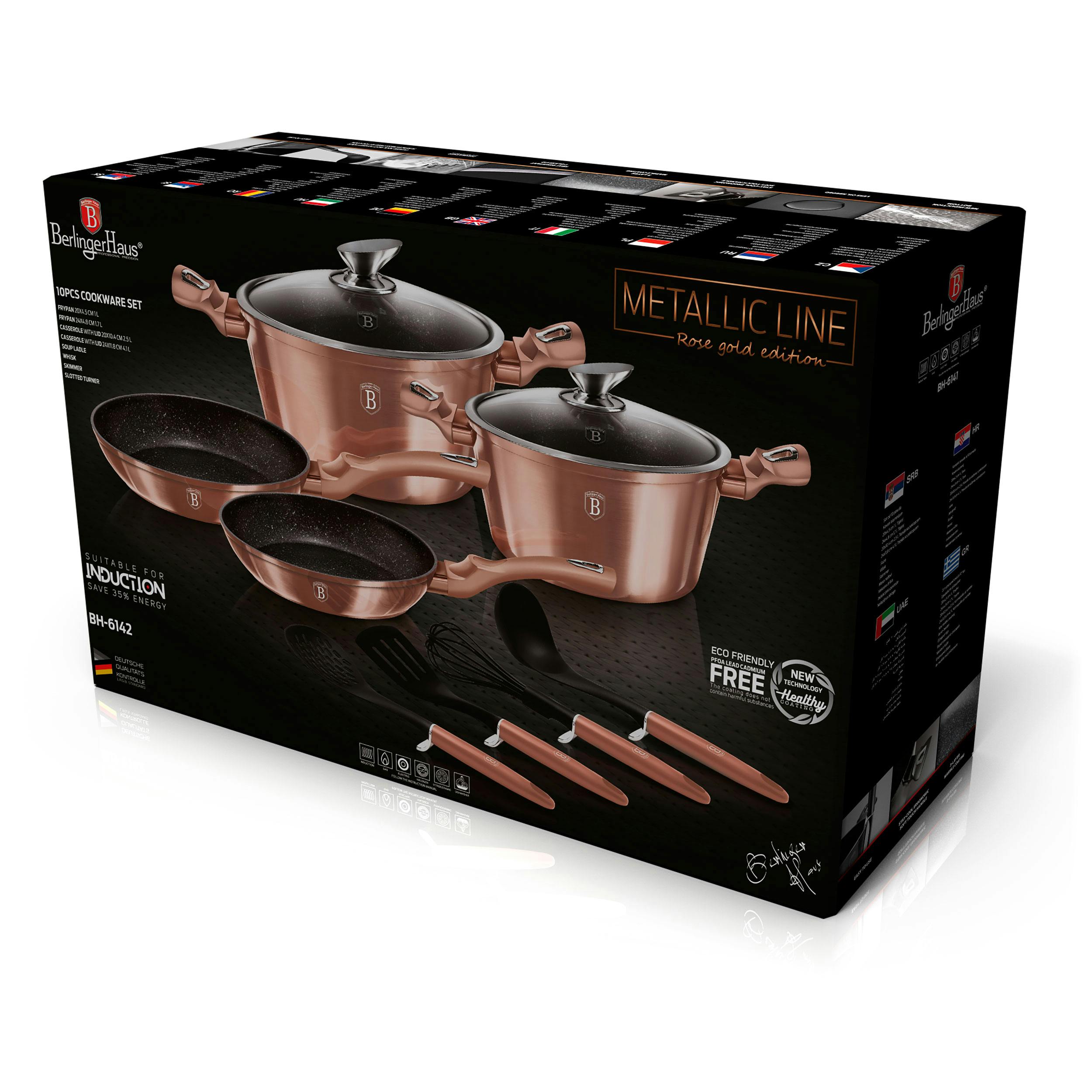 Set Pentole Induzione 10-Piece Alluminio Antiaderente 3 Casseruoli, 2  Padelle Berlinger Haus Oro rosa Rose Gold