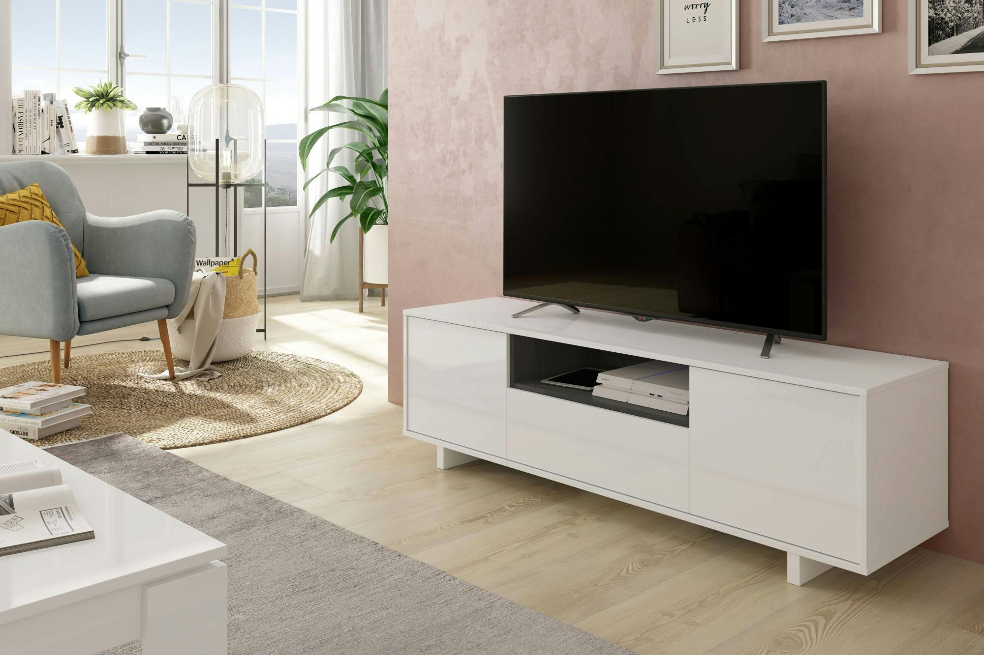 Dmora Mobile porta TV Visalia, Credenza per televisione da soggiorno,  Supporto TV a 3 ante, 150x41h46 cm, Bianco lucido e Grigio cenere