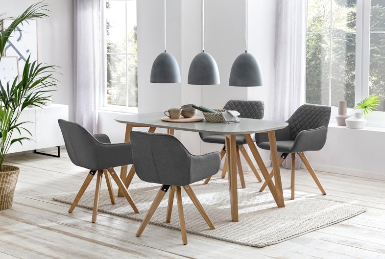 SalesFever Essgruppe 5-tlg. | 180 x 90 cm | Tischplatte grau + Gestell  Eiche | 4x Stuhl Textil grau + Beine Eiche | METRO Marktplatz