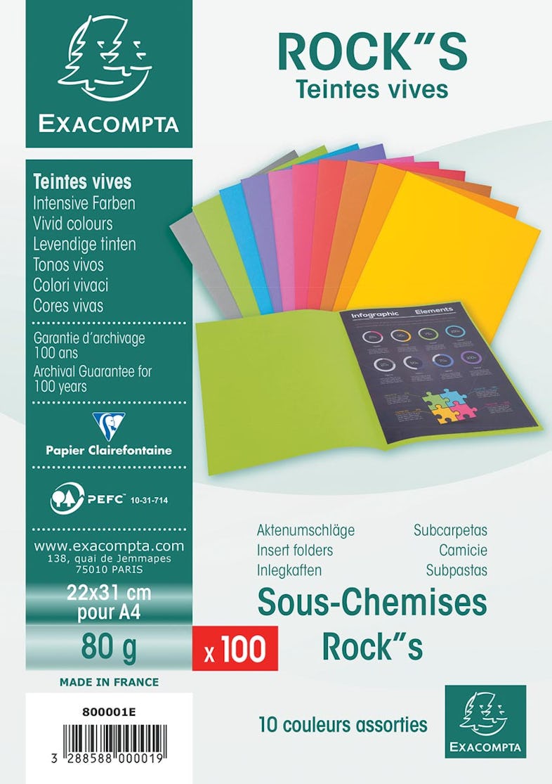 Exacompta - 800001E - 100 sous-chemises ROCK''S 80 g/m2 aux couleurs vives  - 22x31cm pour A4 - 10 couleurs assorties