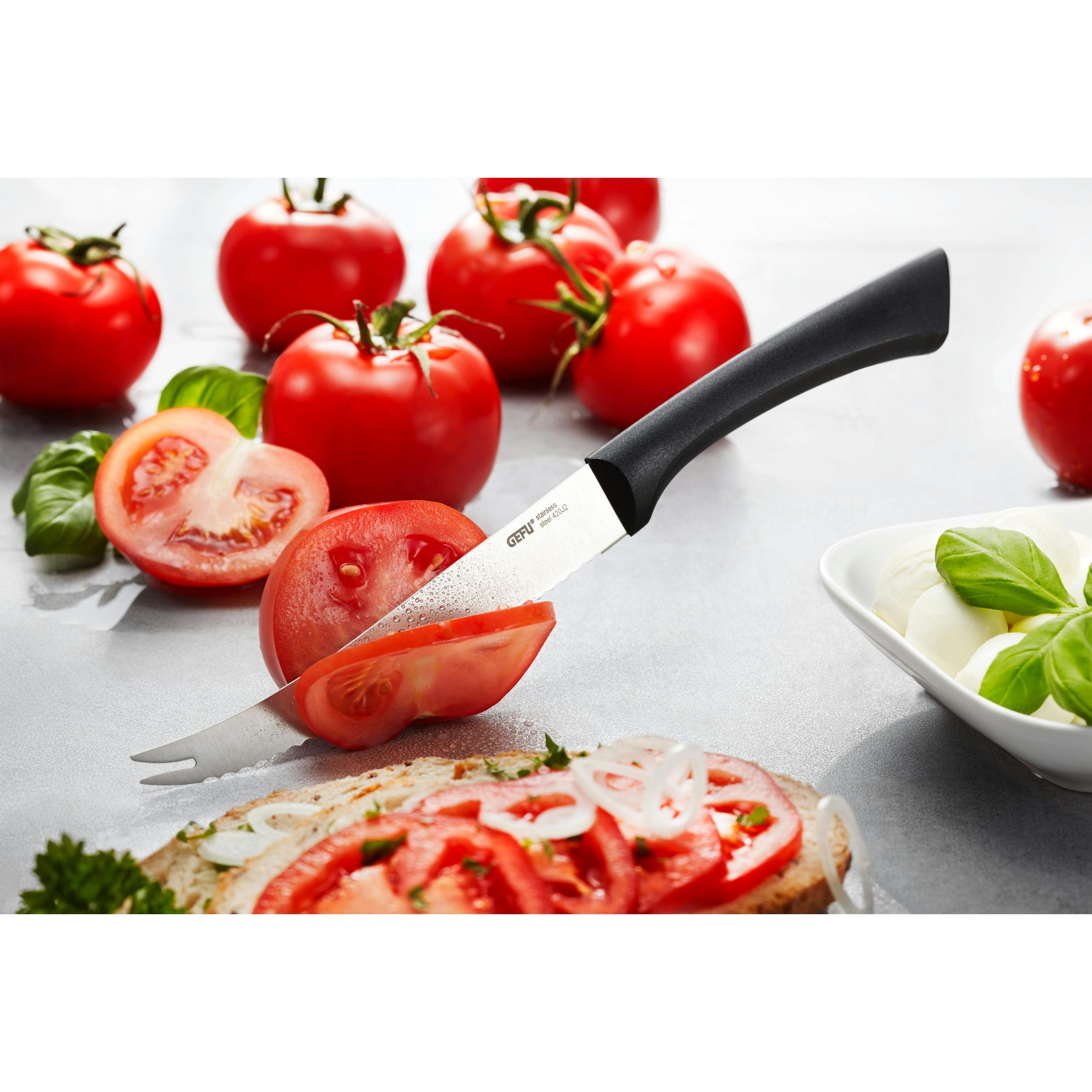 Нож для томатов. Нож поварской GEFU Сенсо 13870. Нож GEFU "помо" для томатов. Нож для помидоров и сыров.