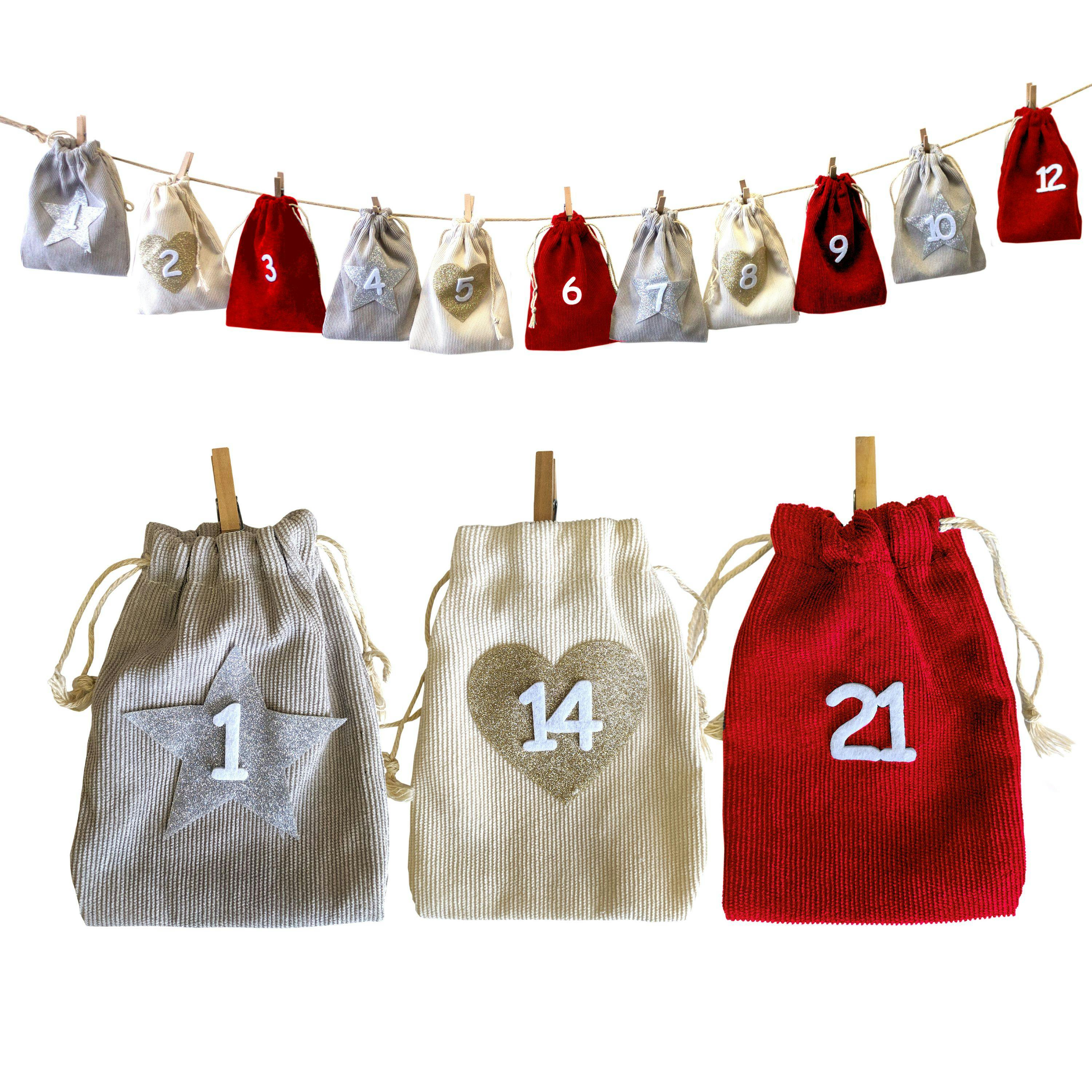 Adventskalender Säckchen zum Selbstbefüllen L 2,6m (Grau, Beige, Rot