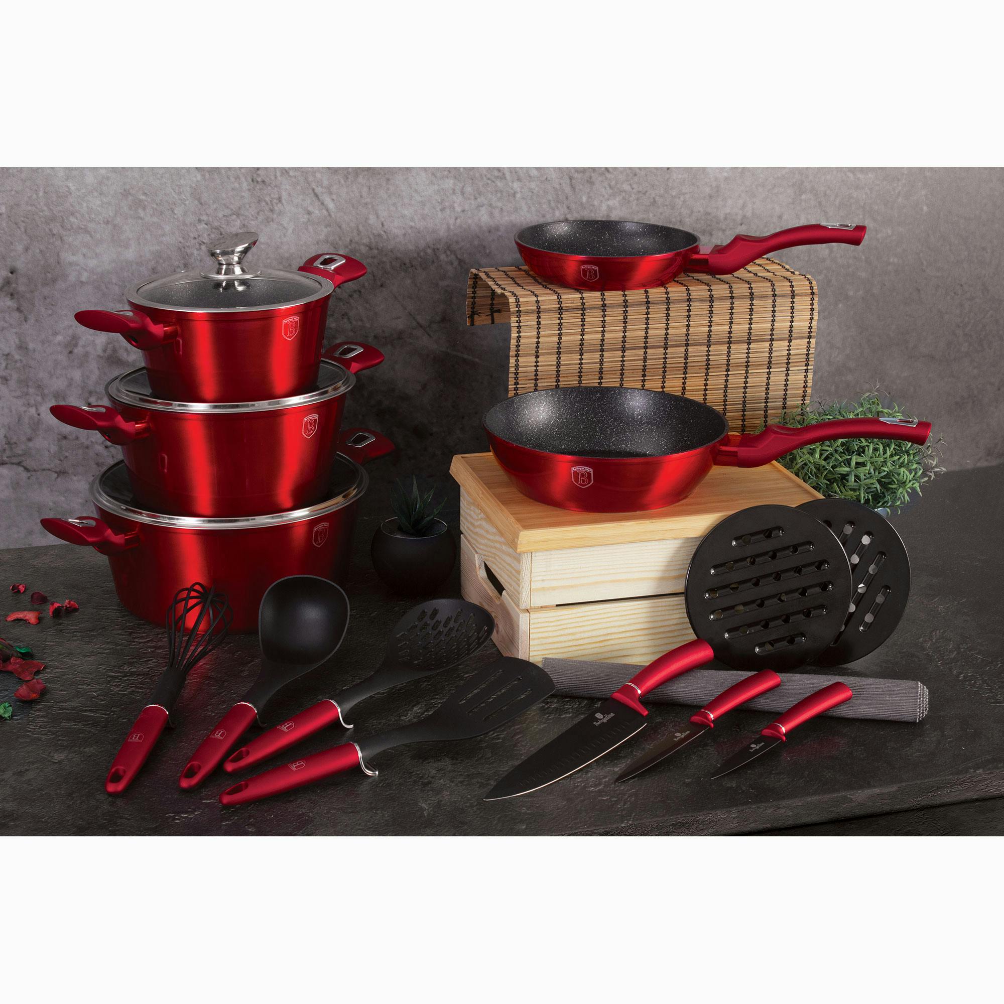 Set di Pentole Induzione 17-Piece Alluminio Antiaderente 3 Casseruoli 2  Padelle Berlinger Haus Rosso Burgundy