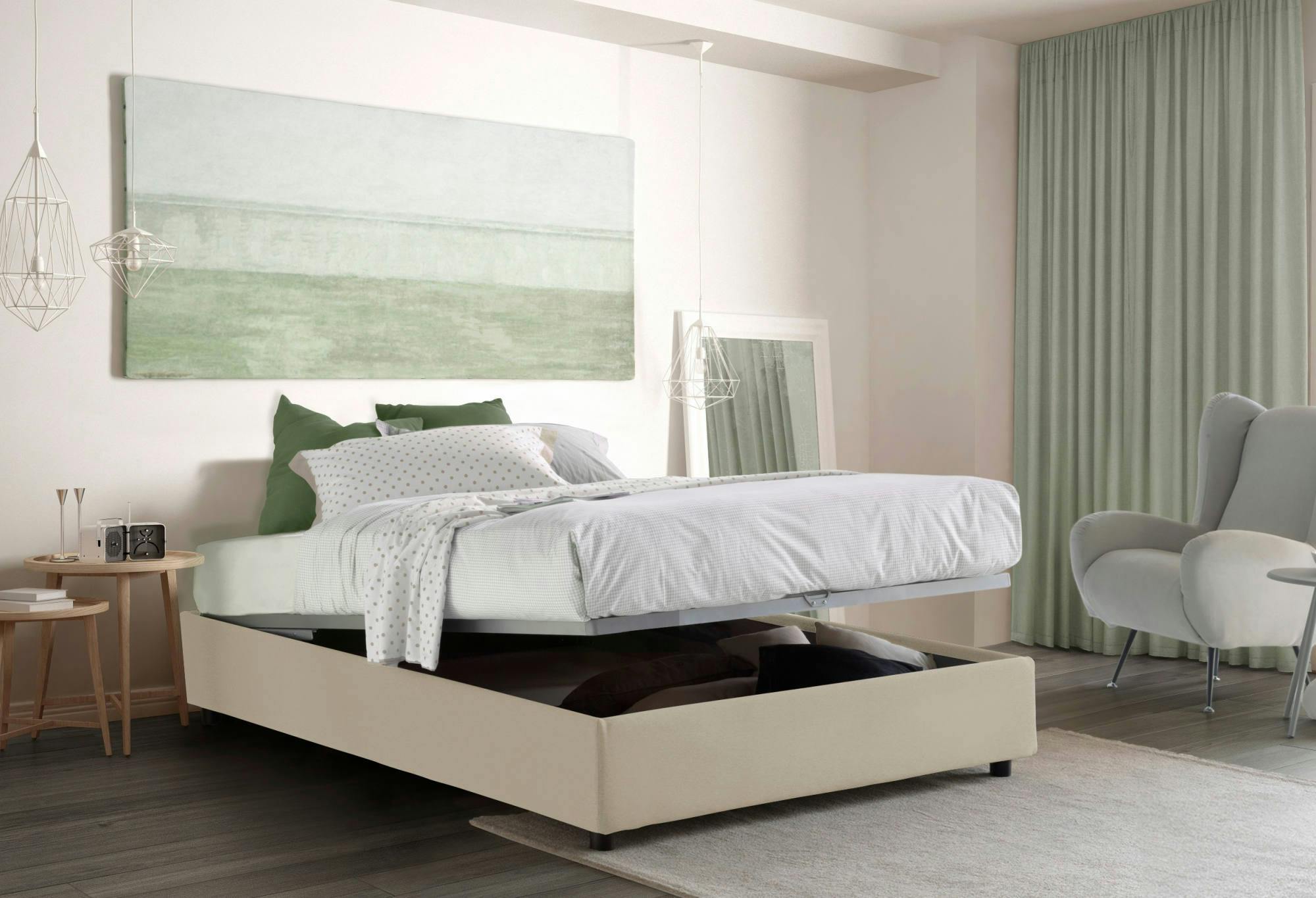 Letto singolo Evelyn, Letto contenitore con rivestimento in tessuto, 100%  Made in Italy, Apertura frontale, adatto per materasso Cm 90x200, Bianco