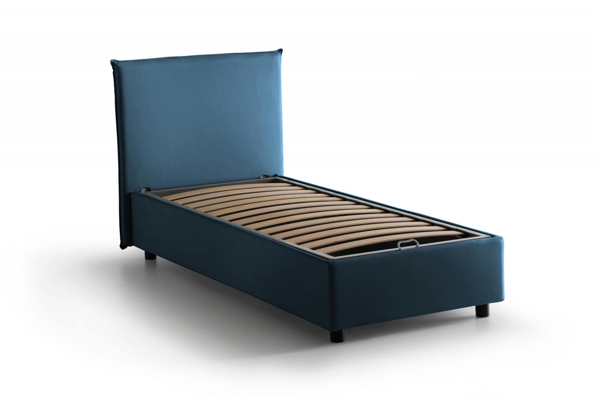 Dmora Letto singolo Cira, Letto contenitore con rivestimento in tessuto,  100% Made in Italy, Apertura frontale, adatto per materasso Cm 90x200, Blu