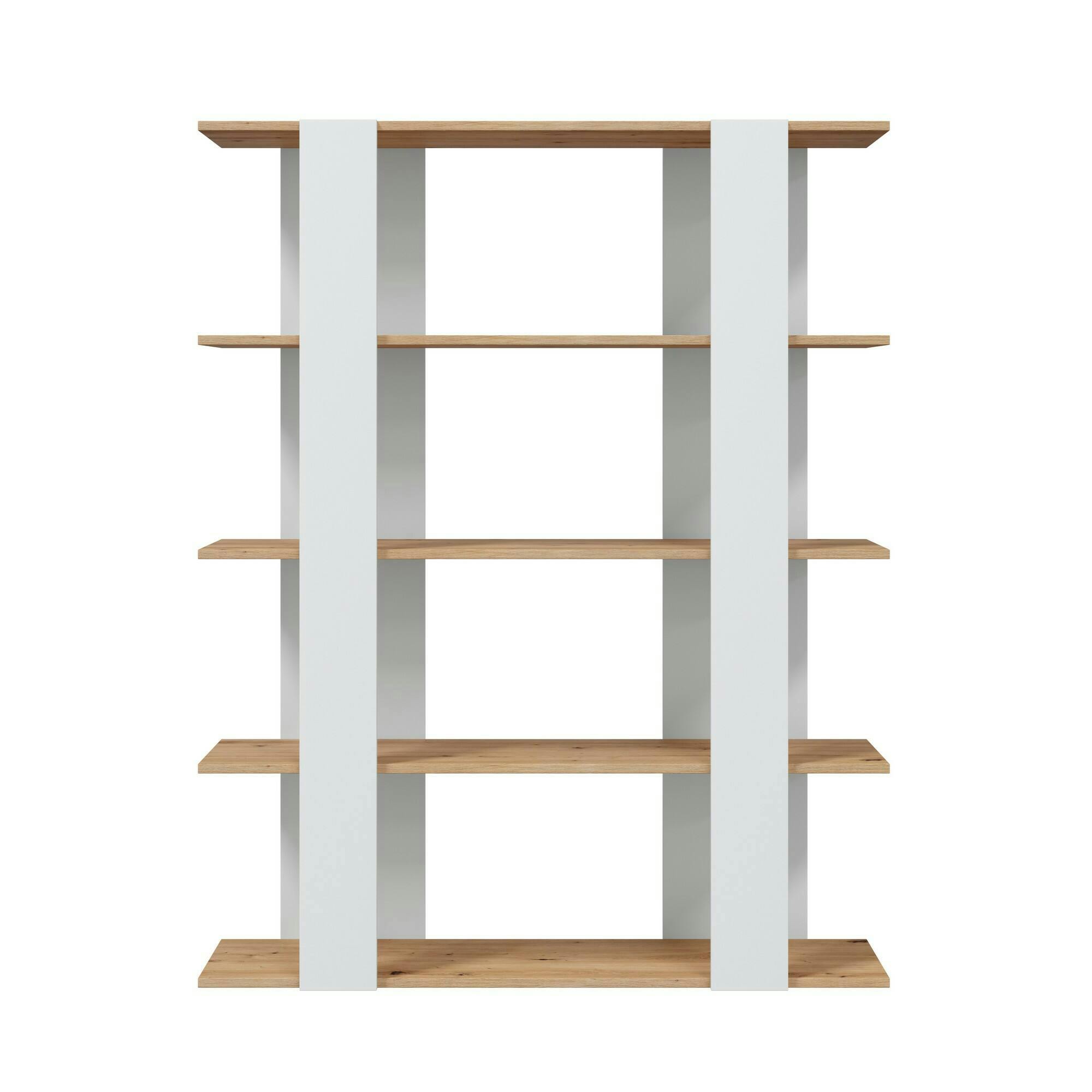 Libreria Dnotar, Scaffale da ufficio a 5 ripiani, Mobile portalibri,  Biblioteca, 108x31h136 cm, Rovere Nodi e Bianco lucido