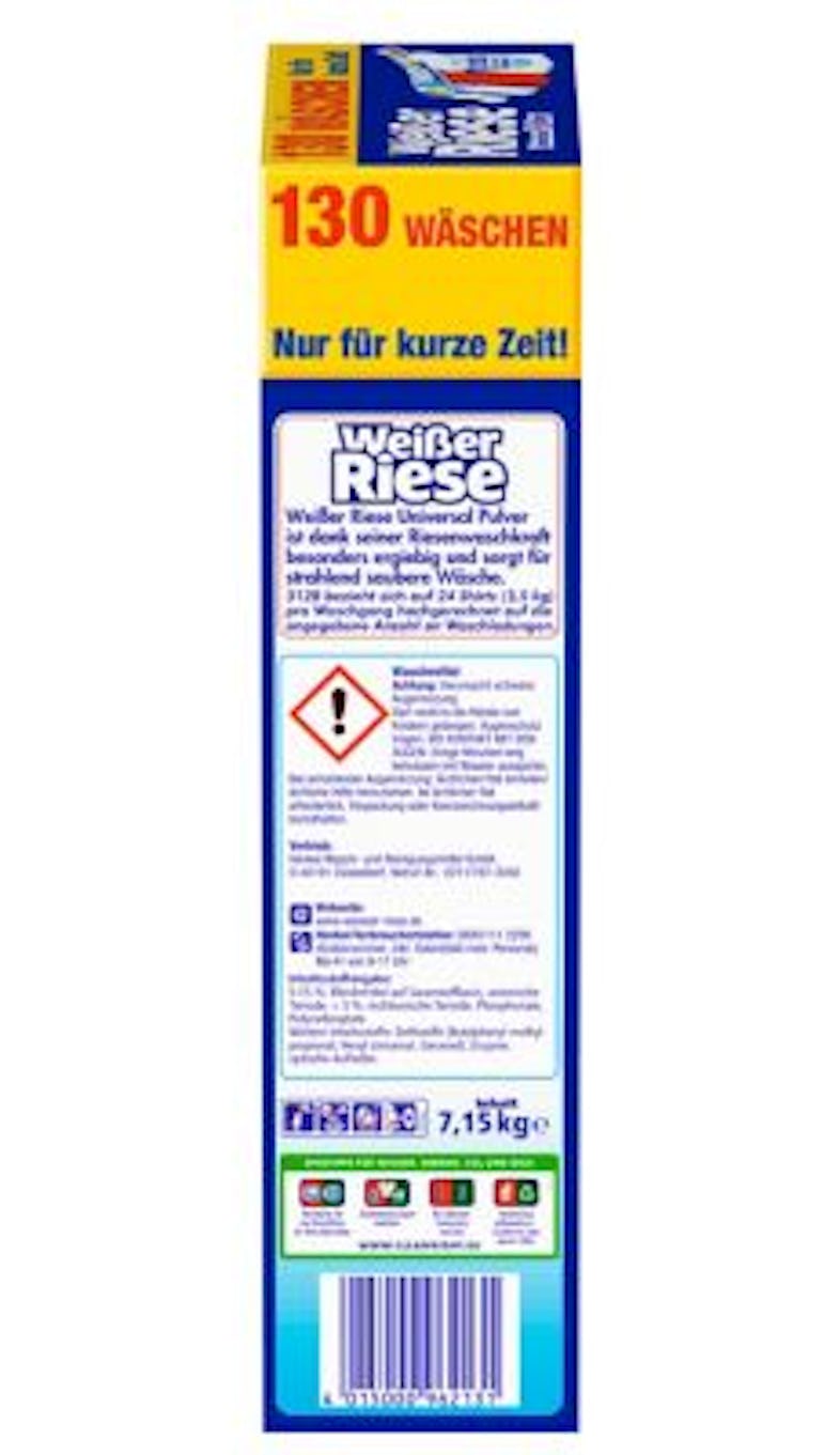 Weißer Riese Professional kg, Marktplatz METRO | 130 Universal WL Waschpulver, 7.15