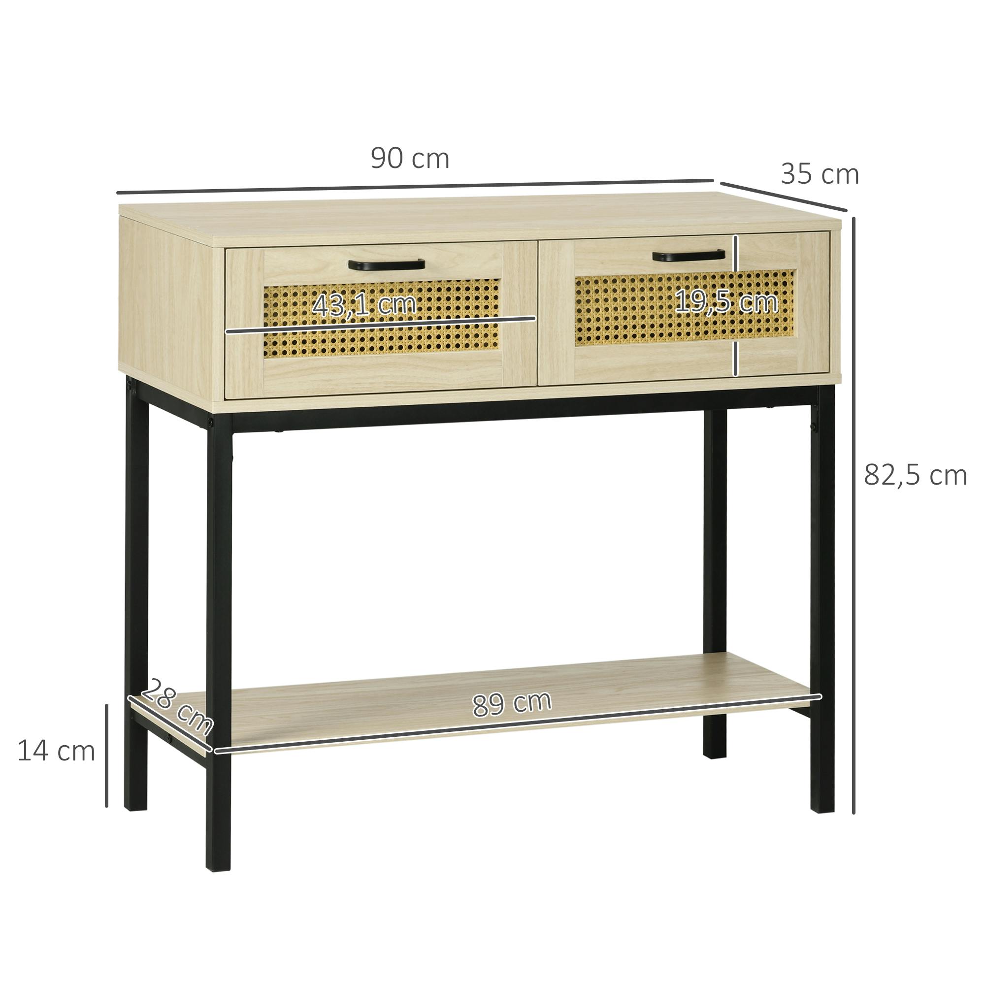 HOMCOM mesa consola mueble recibidor con 2 cajones de rejilla de ratán  estante de almacenaje marco de metal para entrada salón 90x35x82,5 cm