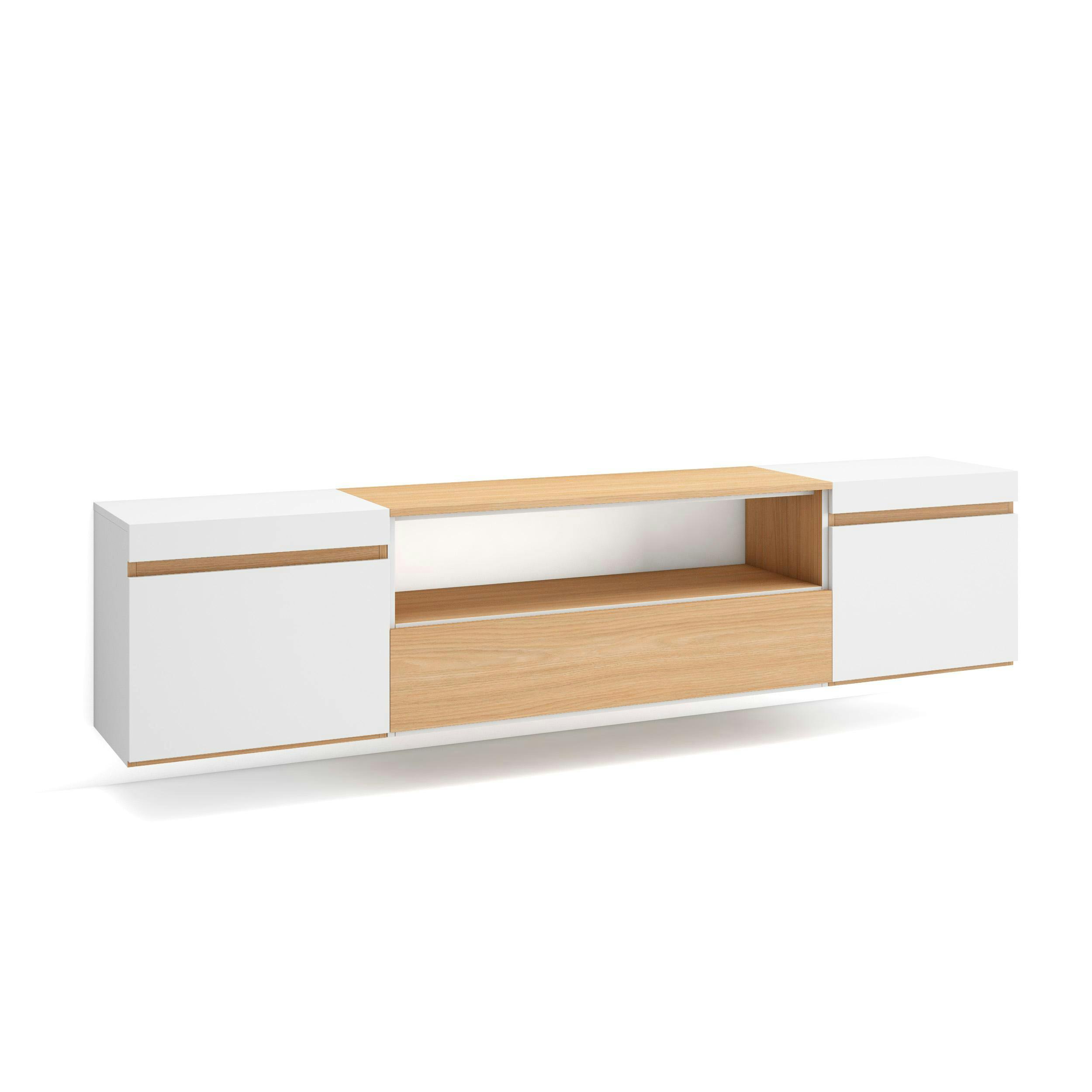 Skraut Home - Meuble TV, Banc Télé, Grand Espace De Rangement, 210, Pour Les TV Jusqu'à 80", Cheminée électrique XXL, Style Moderne, Chêne Et Noir