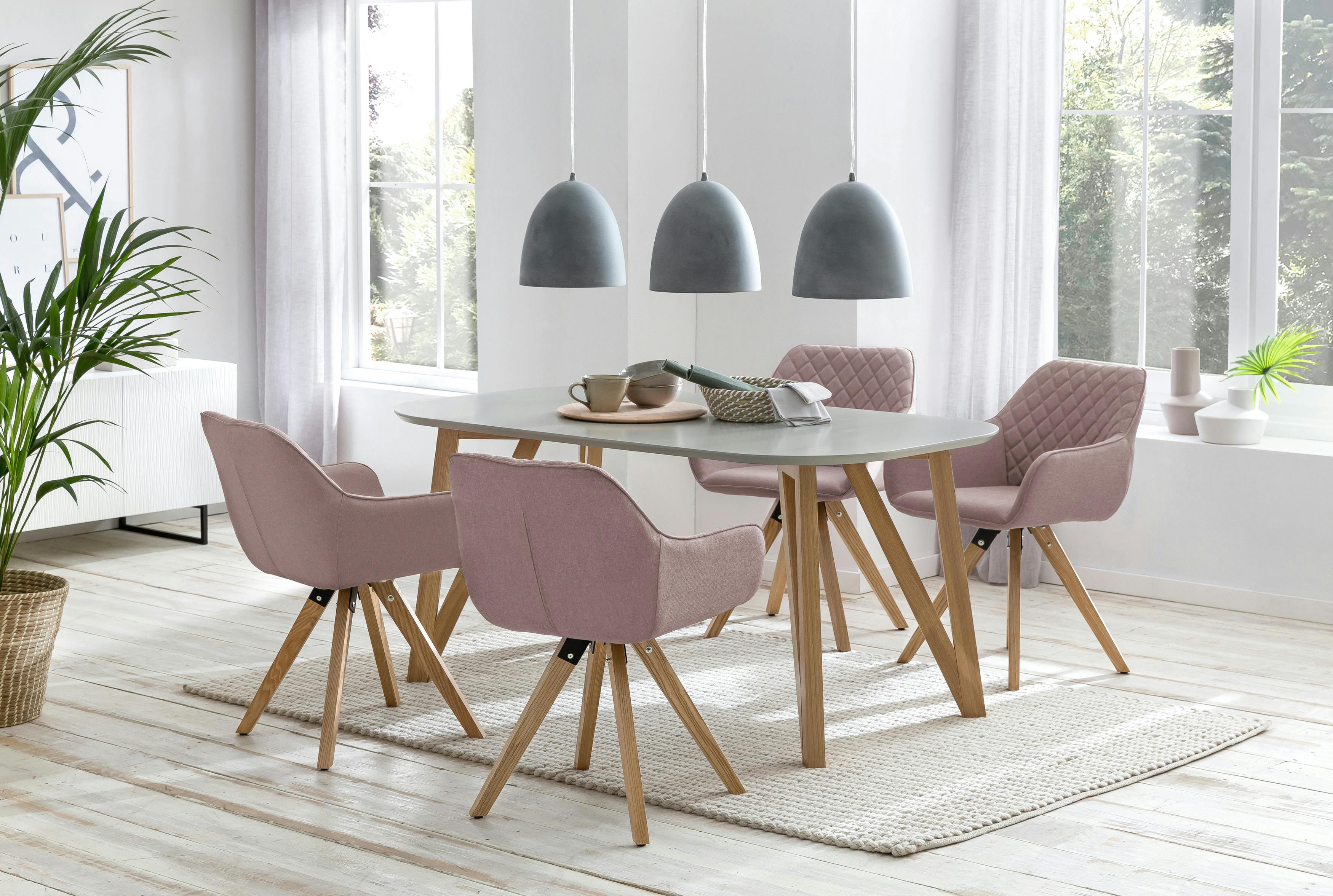 SalesFever Essgruppe 5-tlg. | 180 x 90 cm | Tischplatte grau + Gestell  Eiche | 4x Stuhl Textil rosa + Beine Eiche | METRO Marktplatz