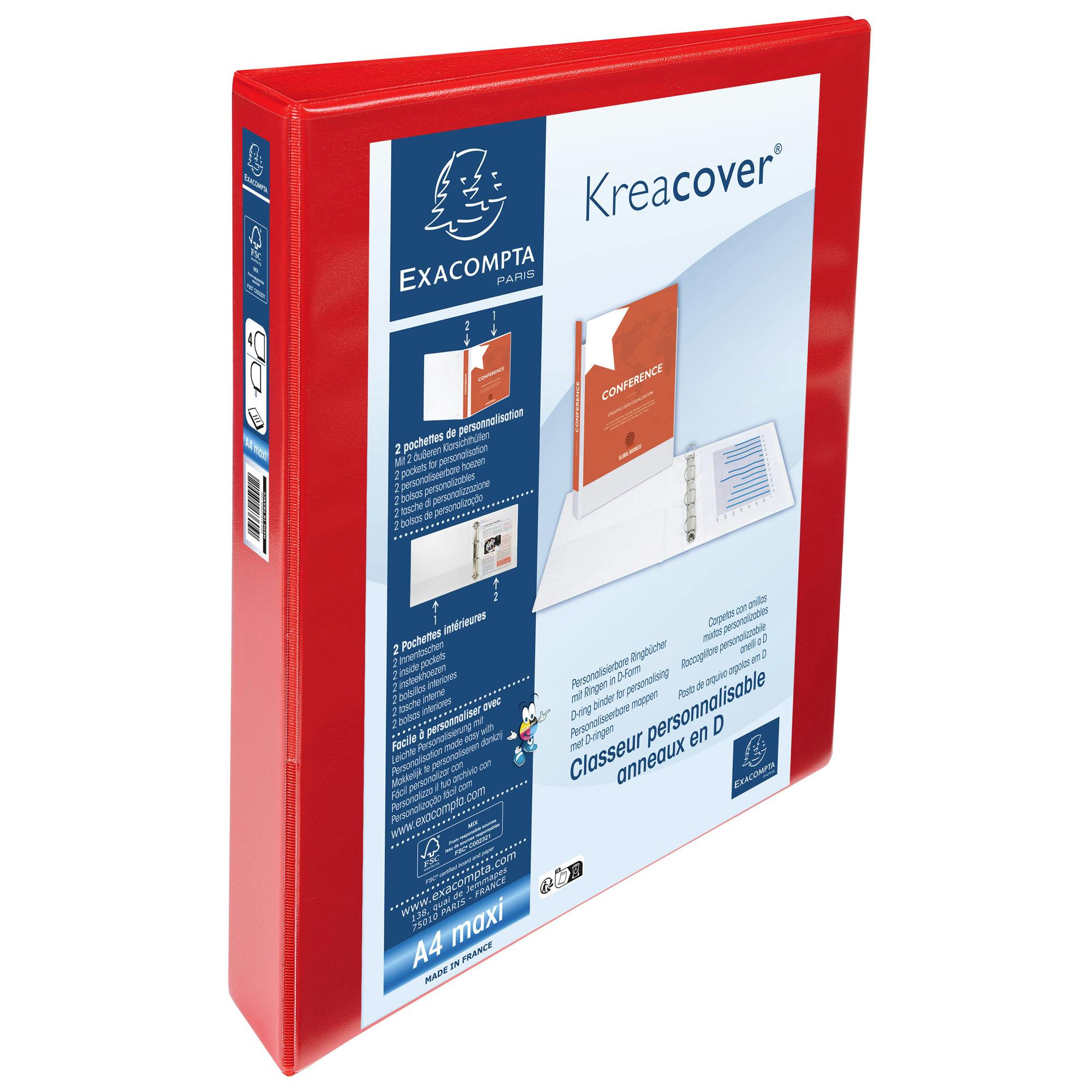 Exacompta Cod. 51942RE - Raccoglitore personalizzabile 2 tasche Kreacover, 4  anelli a D30mm, copertina rigida Ppl, A4 maxi rosso- Conf. da 10 pz.