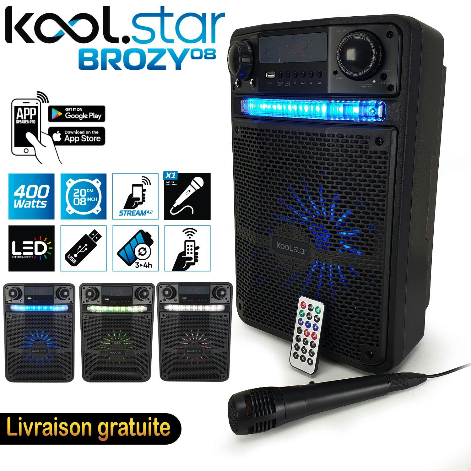Enceinte DJ Mobile KARAOKE ENFANT sur batterie 100W, Boomers 20cm à LED  RVB, USB Bluetooth, Micro 