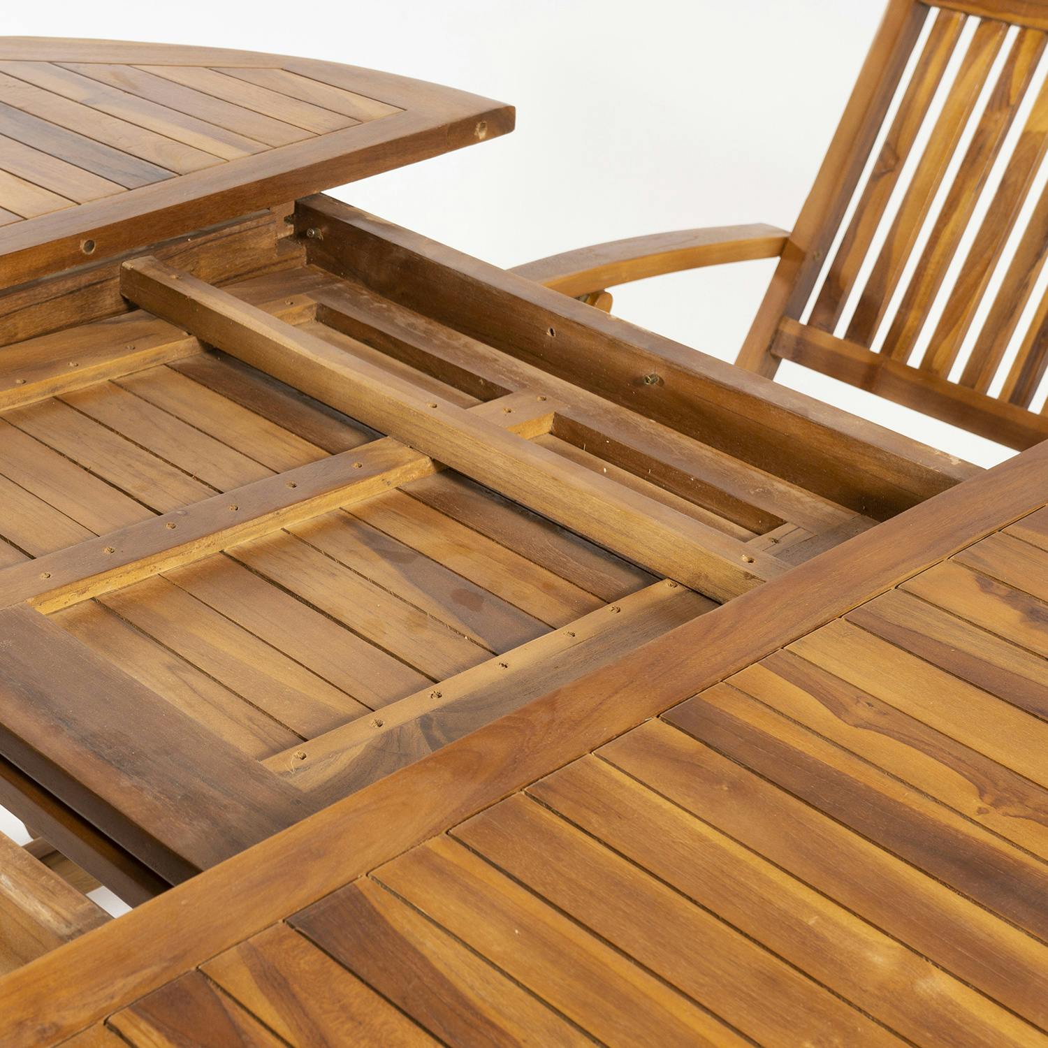 Conjunto de exterior de madera teca, Mesa redonda extensible 120/180 cm y 4  sillones plegables, Madera teca grado A, Tratamiento al agua aplicado