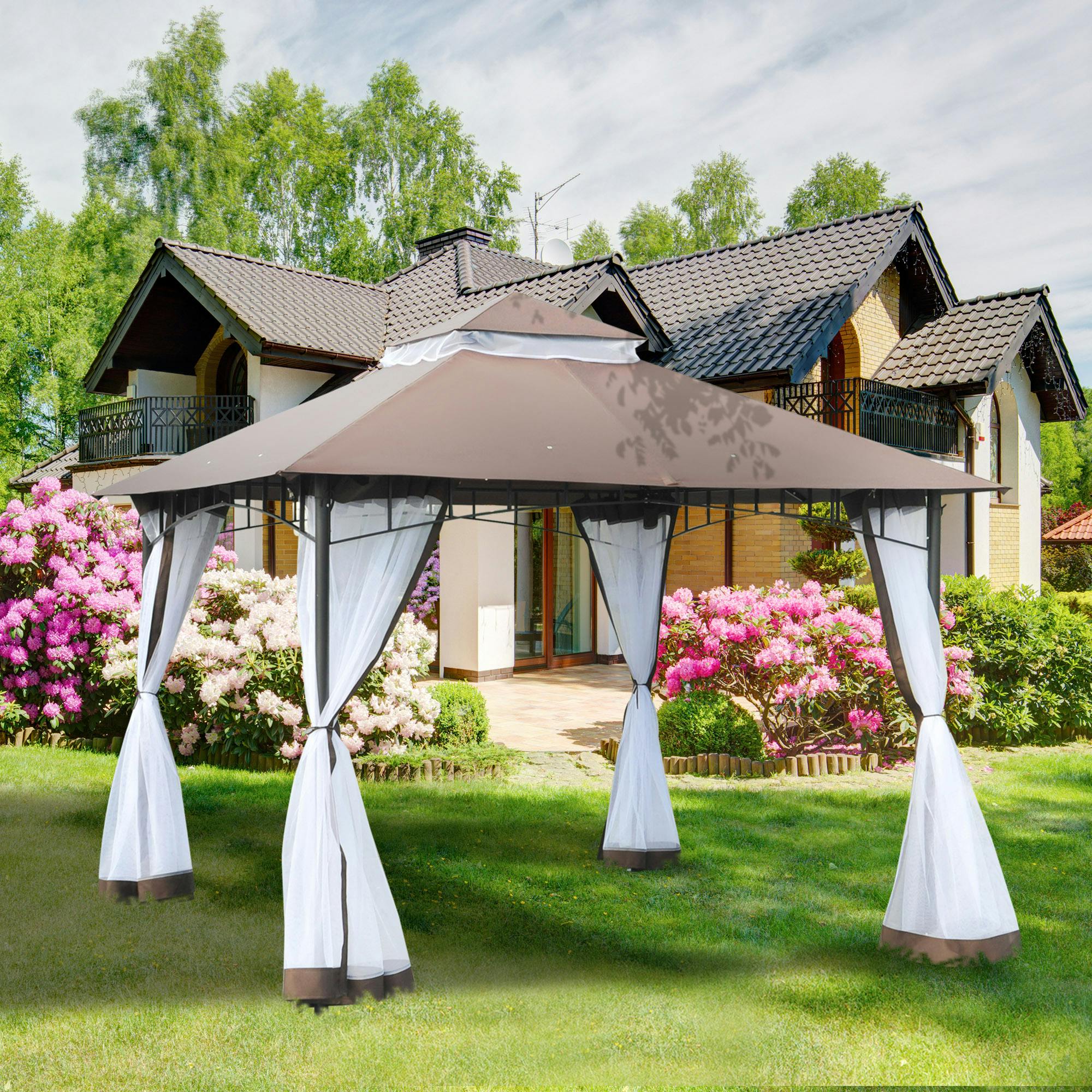 Outsunny Gazebo da Giardino o esterno 3x3m in Metallo con Zanzariera e  Tetto a 2 Livelli in Poliestere Cachi