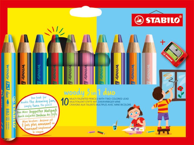 STABILO 10 crayons multi-talents woody 3 in 1 duo + 1 taille-crayon