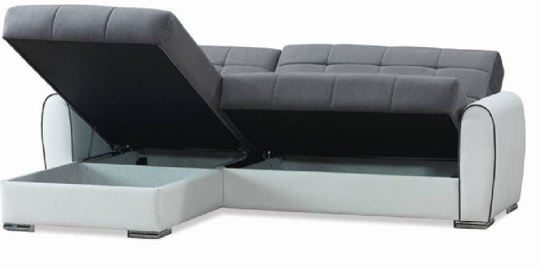 Dmora Divano letto Jesus, Divano letto contenitore ad angolo in ecopelle e  tessuto, 246x160h91 cm, Bianco e Grigio