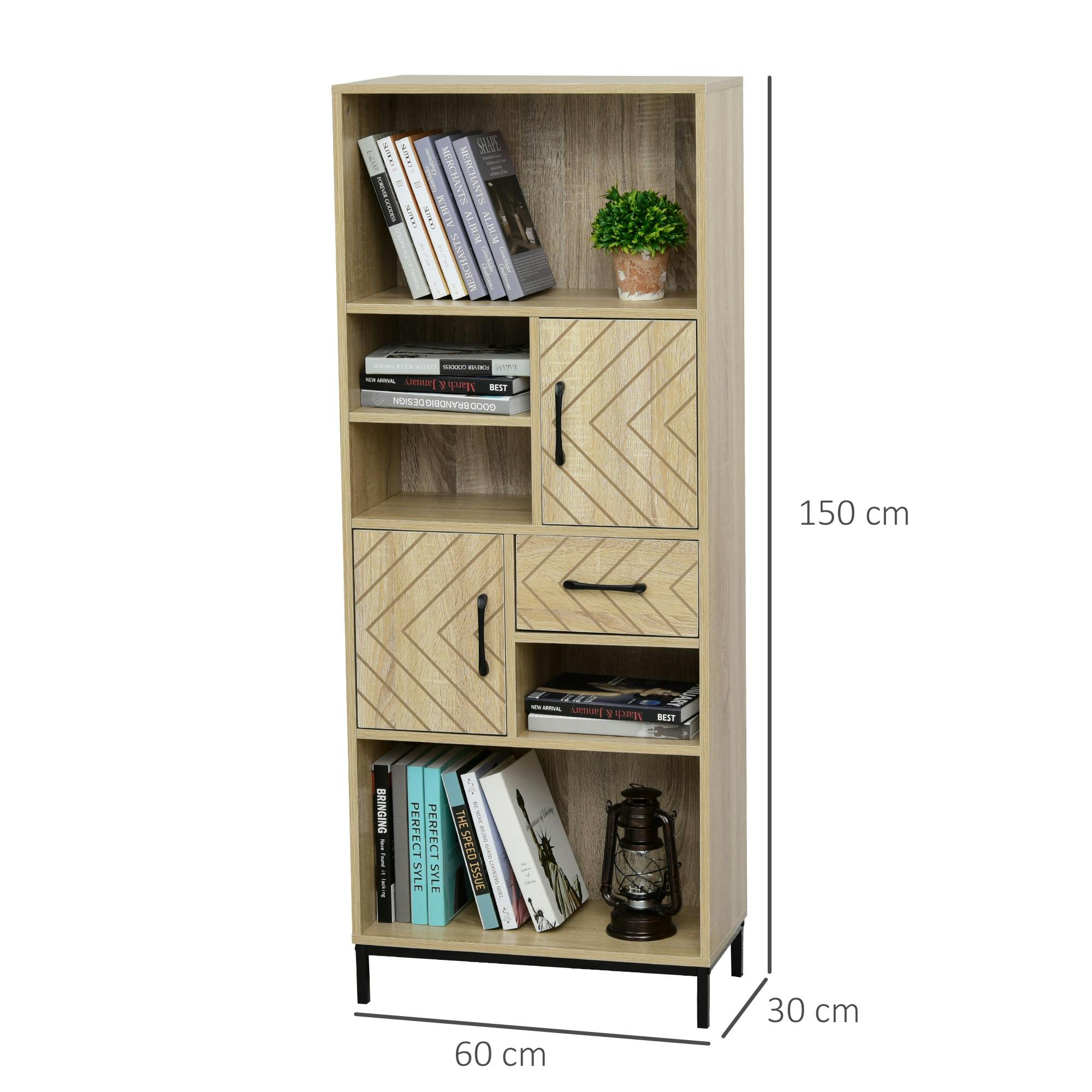 HOMCOM Estantería para Libros con Múltiples Estantes Abiertos y 1 Armario  de Doble Puerta Librería de Almacenamiento para Oficina Salón 80x35x97 cm  Madera Natural