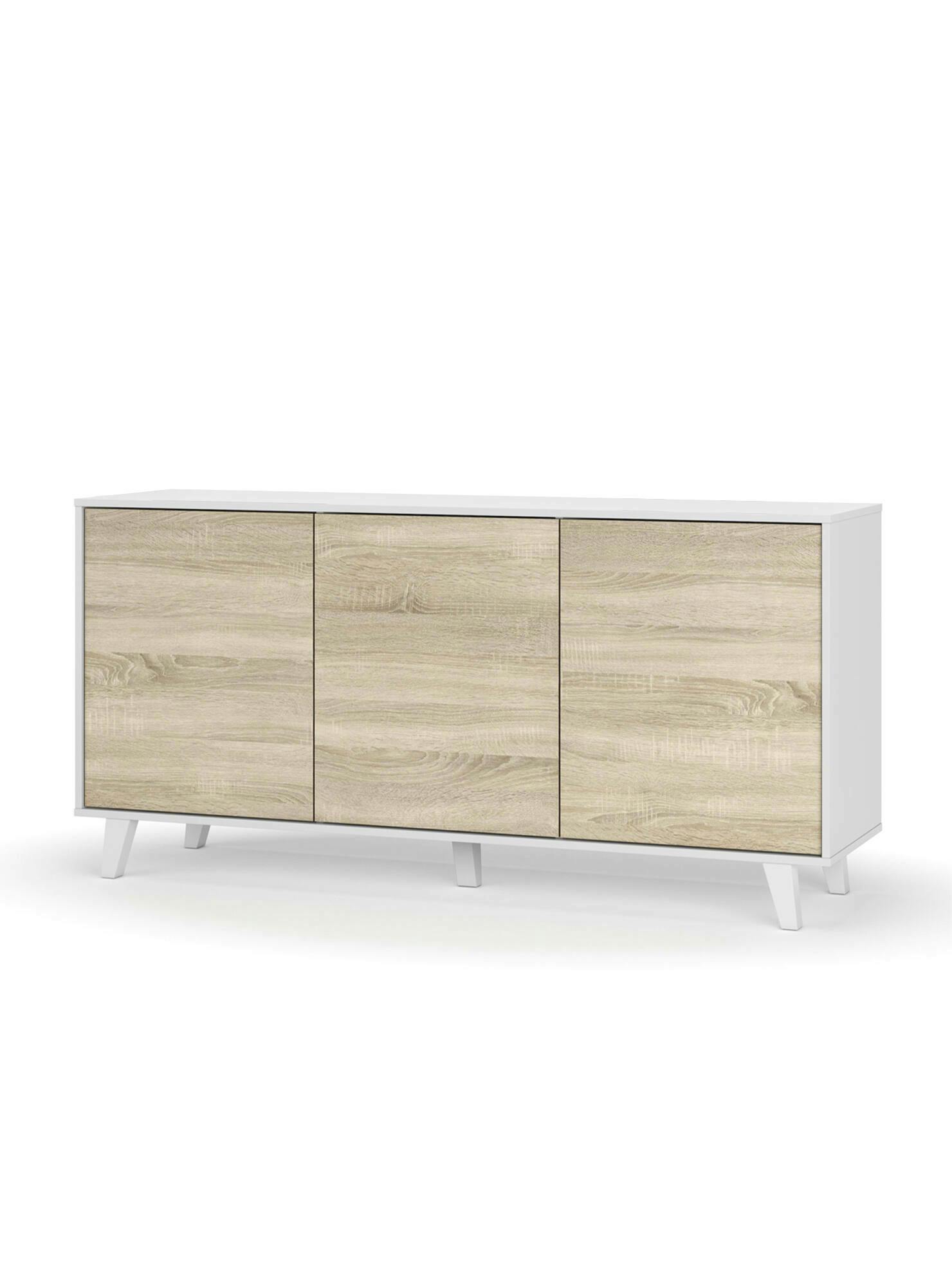 Credenza Sparavero, Buffet dispensa da soggiorno, Madia da salotto moderna  a 4 ante, 120x40h191 cm, Bianco e Rovere